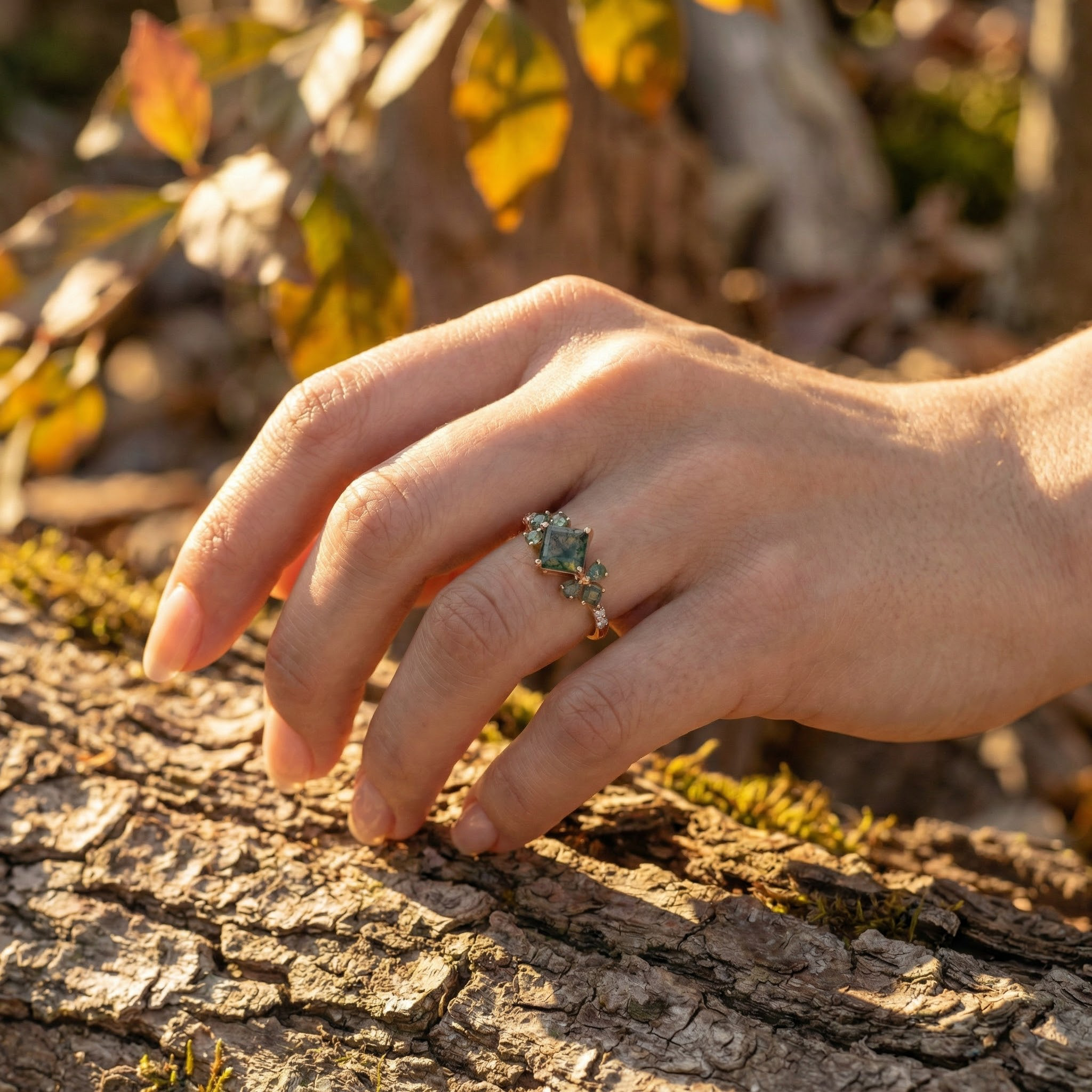Detailed view of Princess Cut Moss Agate Engagement Ring in Gold