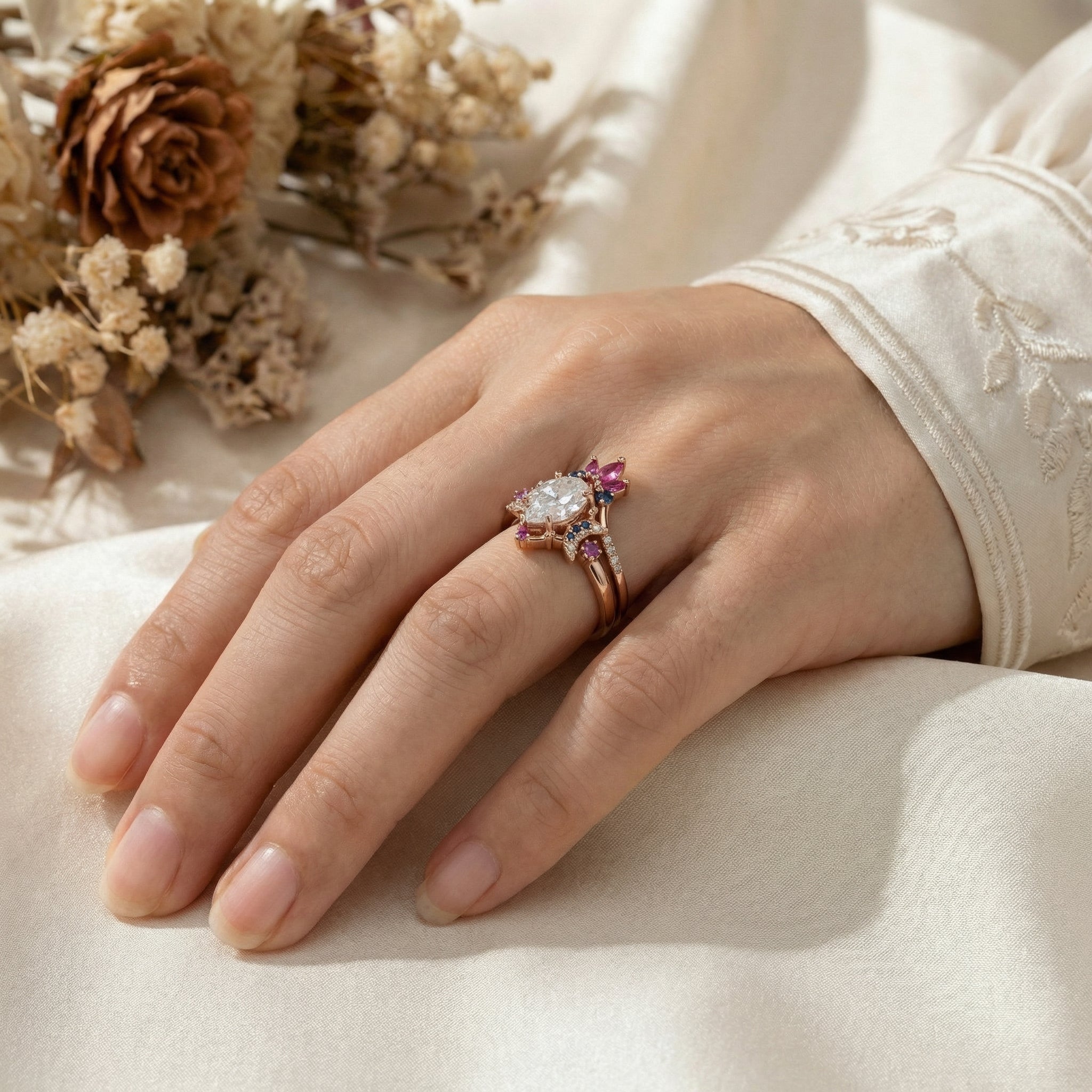 Detailed view of Pear Moissanite Ring Set in Gold