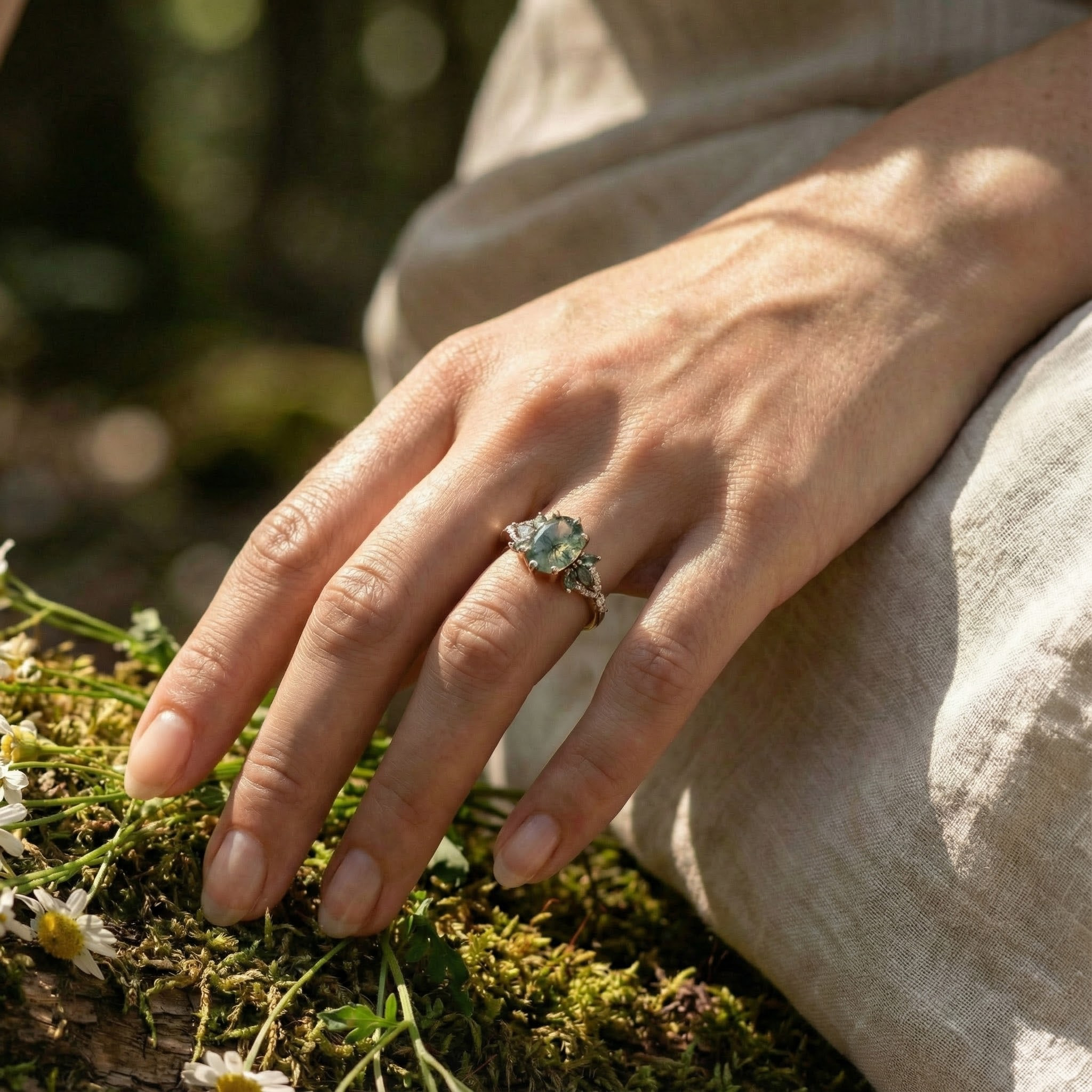 Oval Moss Agate Ring with Moissanite Nature-Inspired Design