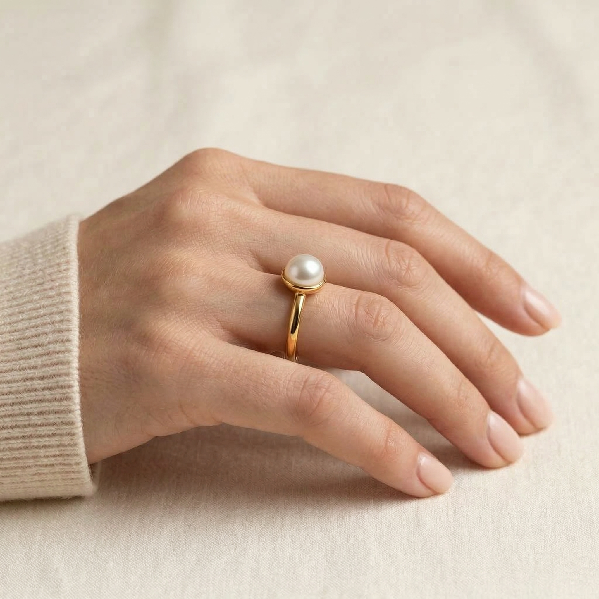Detailed view of Pear Pearl Engagement Ring in Gold