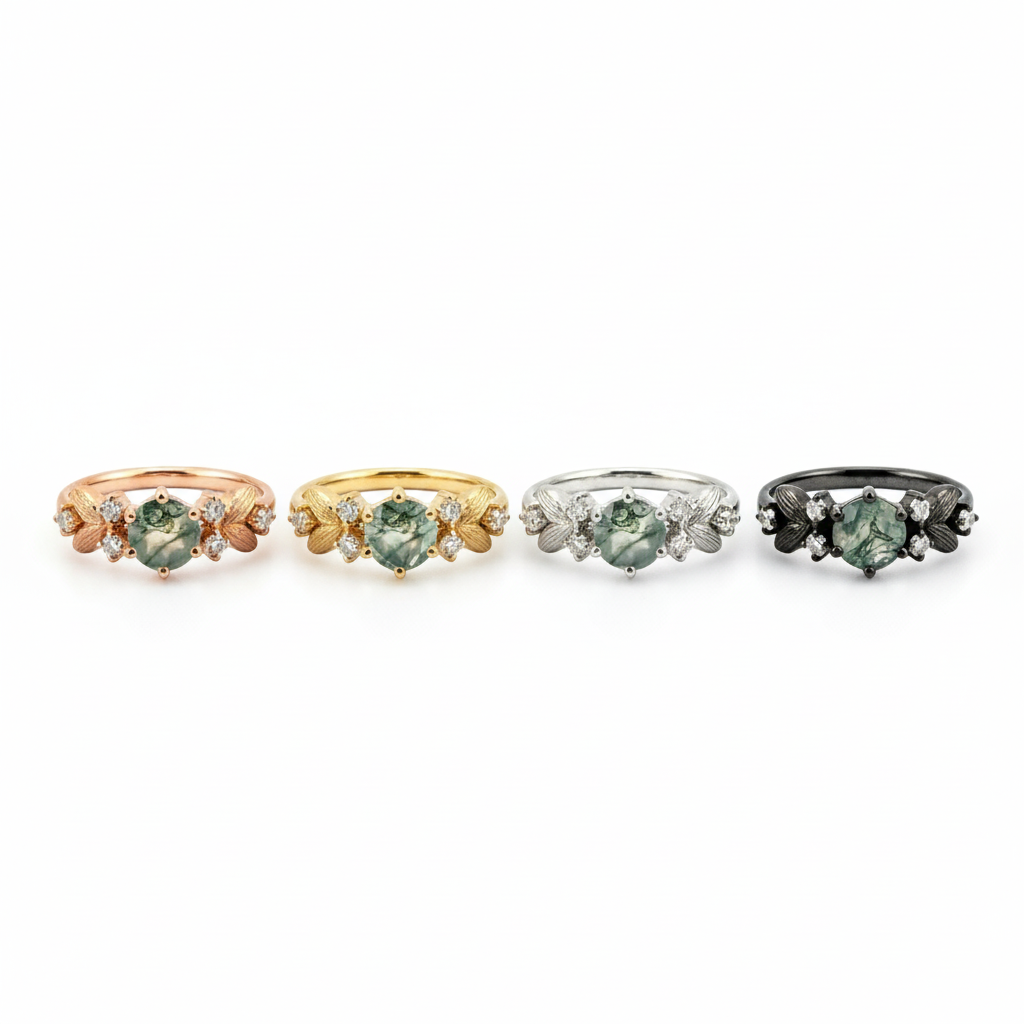 Lifestyle view of Round Moss Agate Engagement Ring in Rose Gold