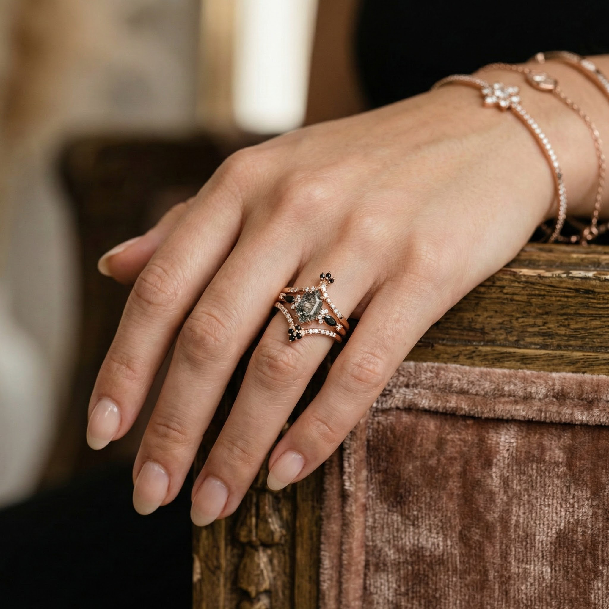 Detailed view of Long Hexagon Black Rutilated Quartz Ring Set in Gold