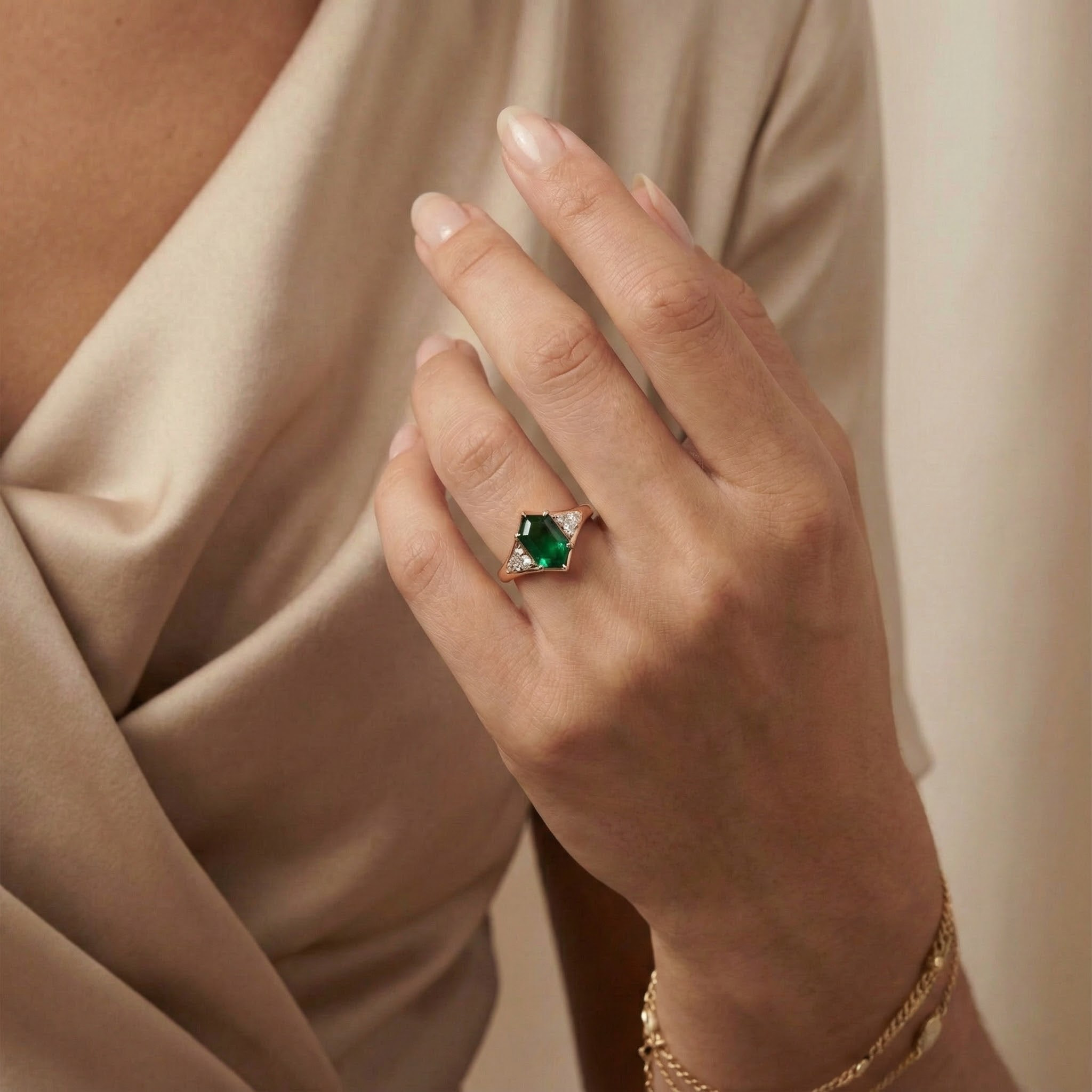 Long Hexagon Cultured Emerald Moissanite Engagement Ring Three Stone Ring