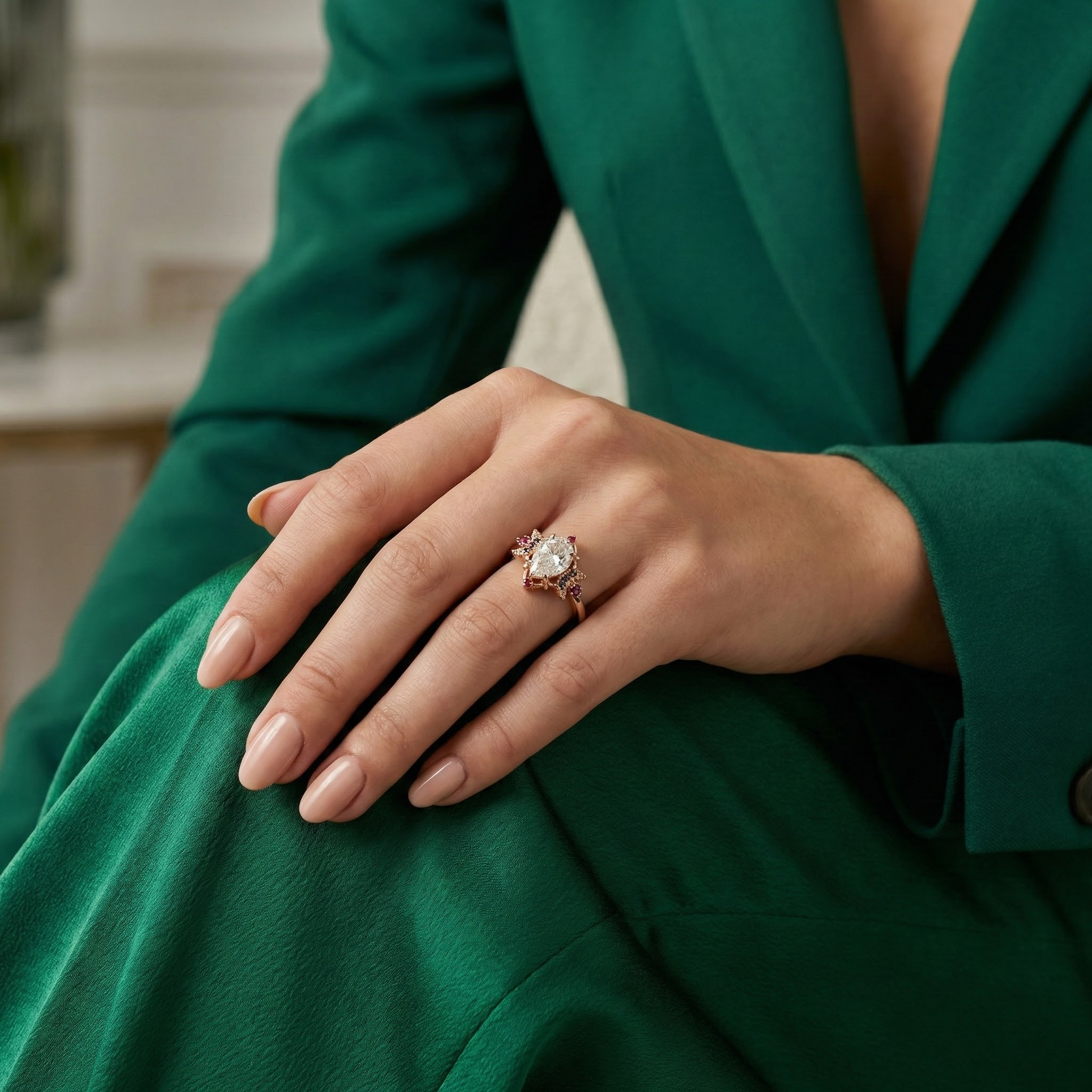 Pear Moissanite&Amethyst Engagement Ring