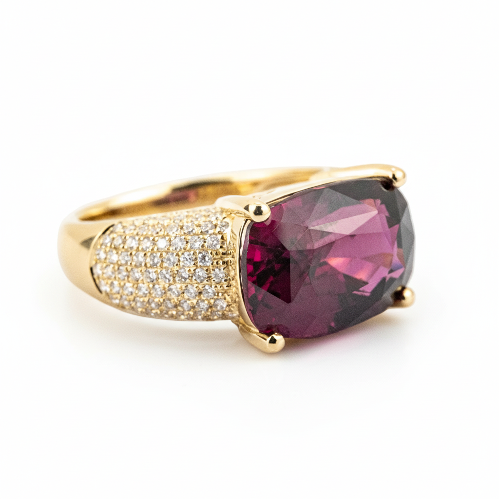 3 carat Luxury Rectangular Red Tourmaline Diamond Yellow Gold Ring Engagement Ring