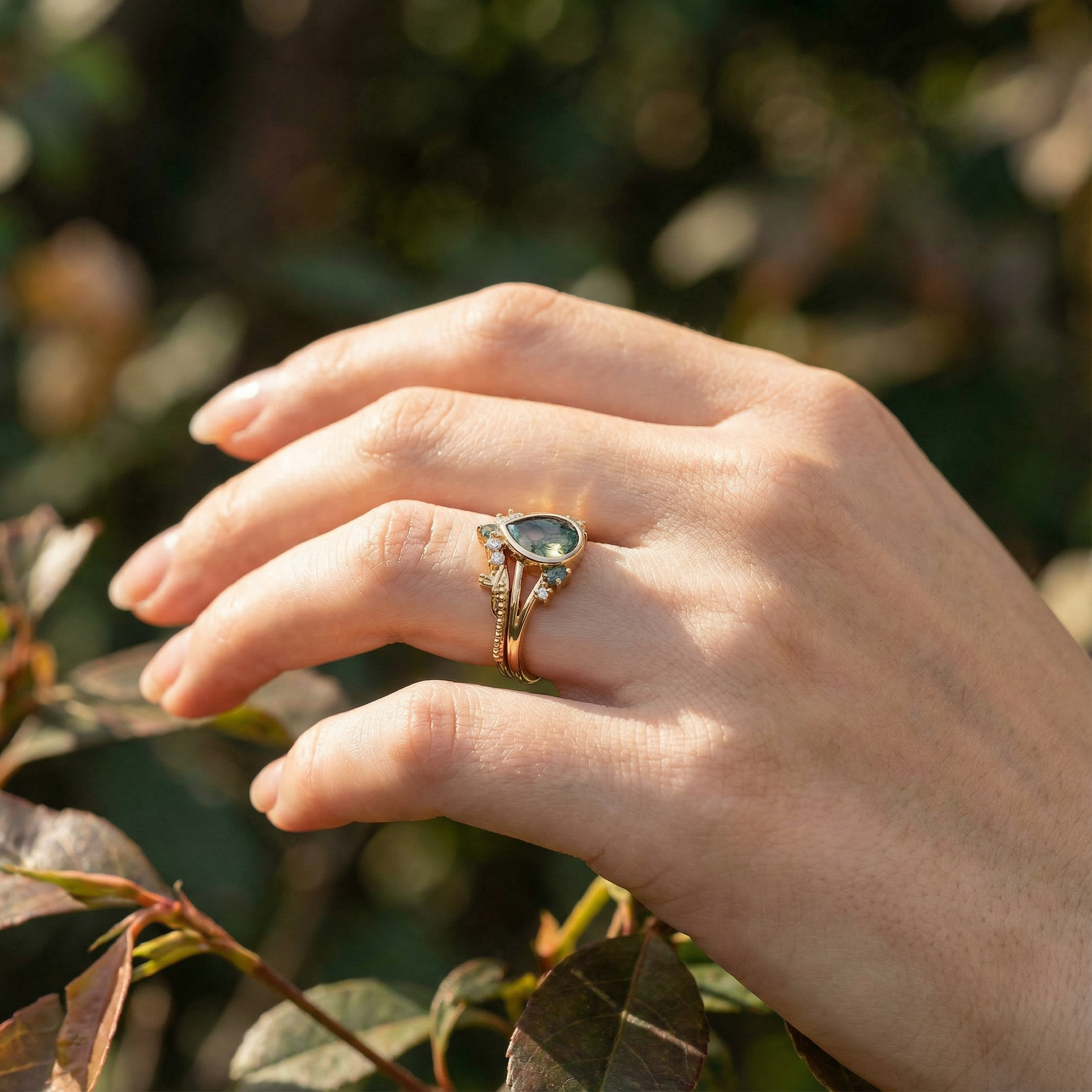 Vintage Anniversary Pear Shape Moss Agate Natural Design Ring Set Floarl Ring Set