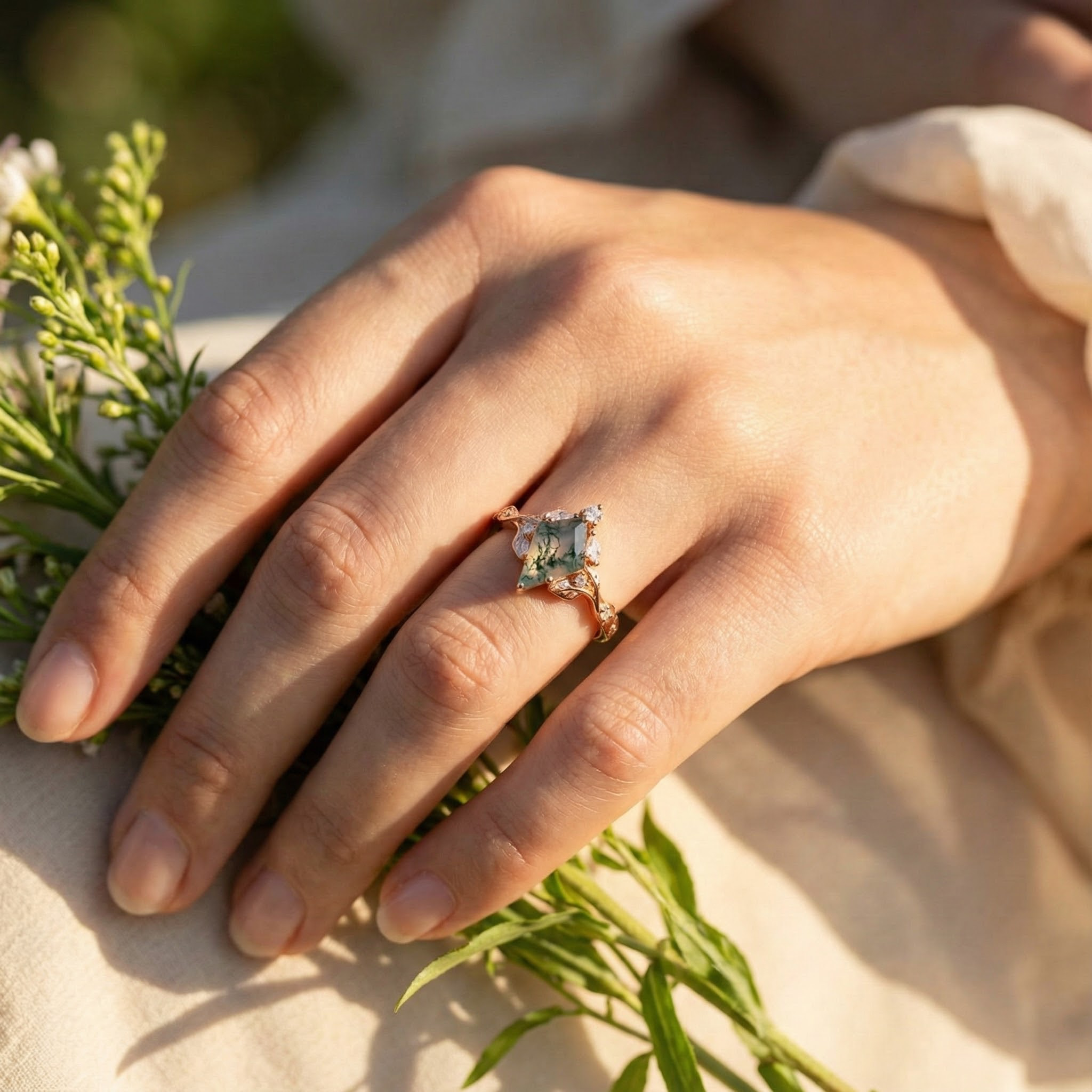 Kite Moss Agate Bridal jewelry Dainty engagement rings Floral Engagement Ring