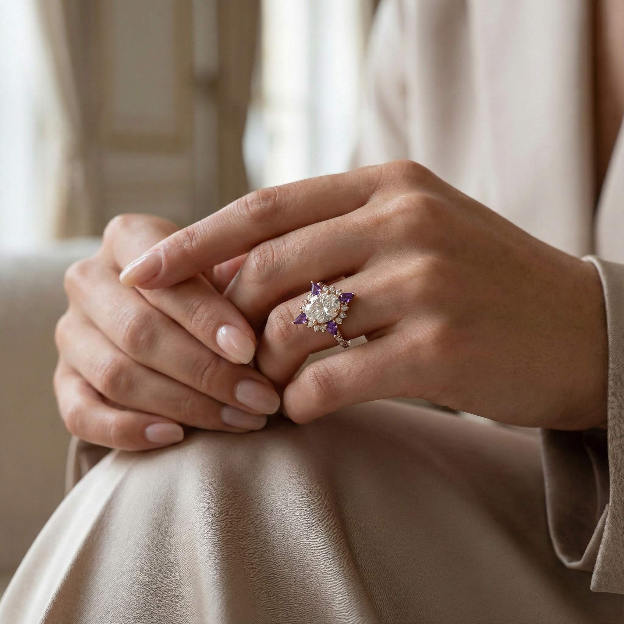 Beautiful oval moissanite gemstone ring with cross amethyst accents for elegant jewelry collection