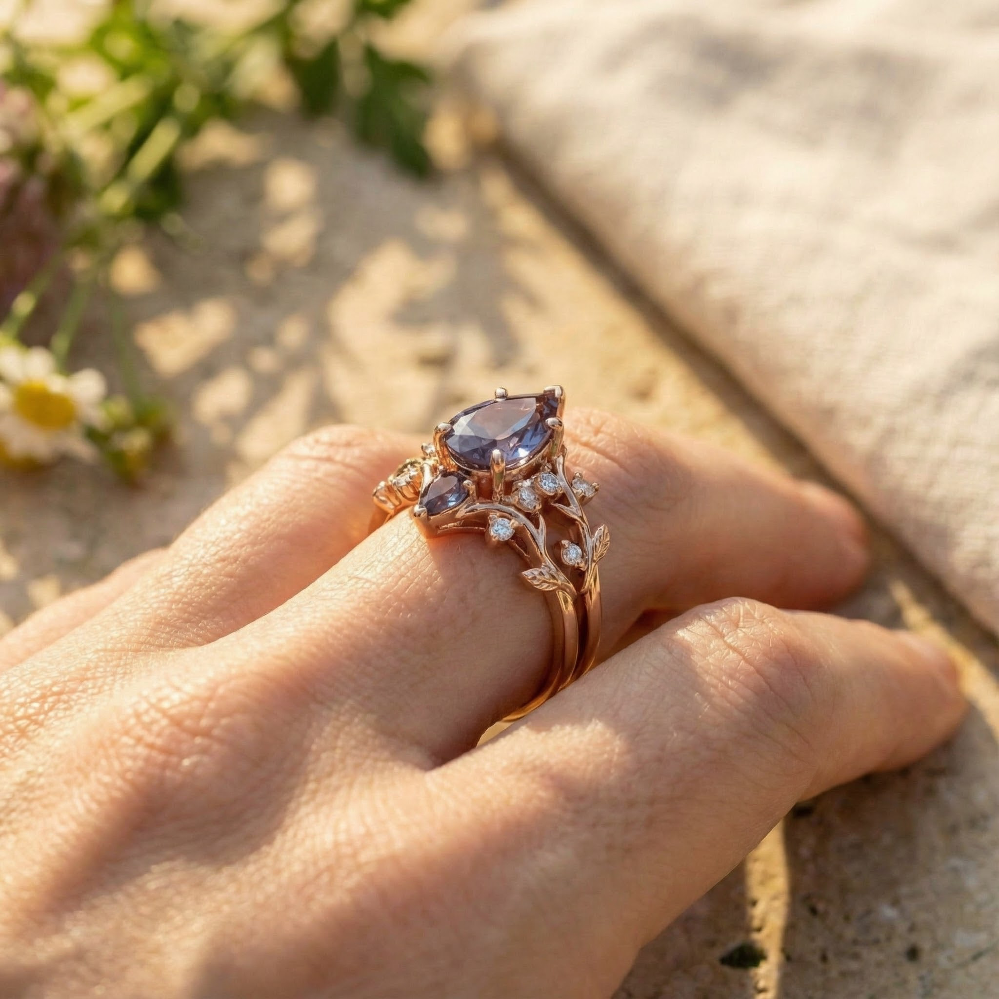 Nature Inspired Luxury Bracelet with Stunning Rose Gold and Pear Alexandrite Accents