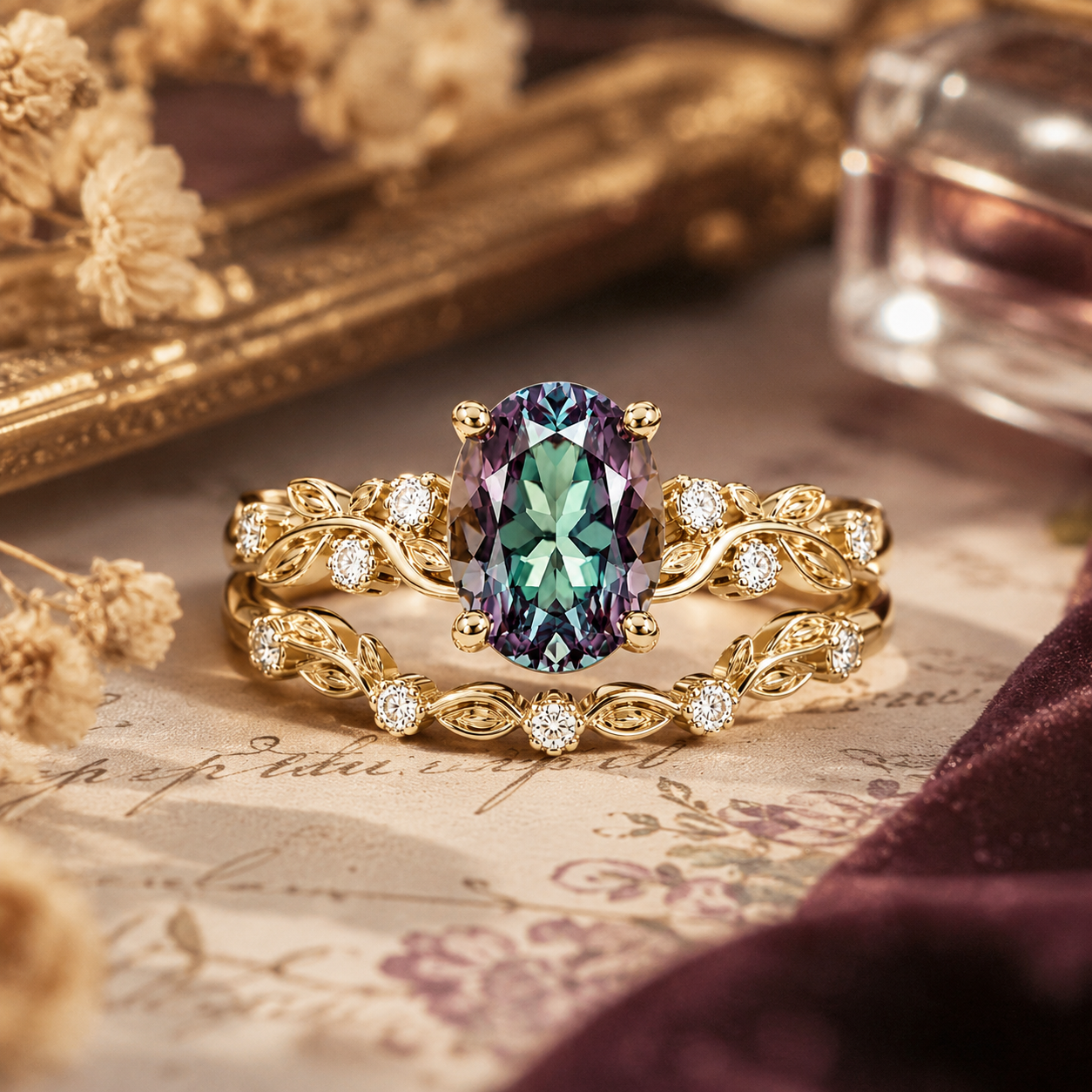 Nature inspired alexandrite bridal set with curved leaf wedding band