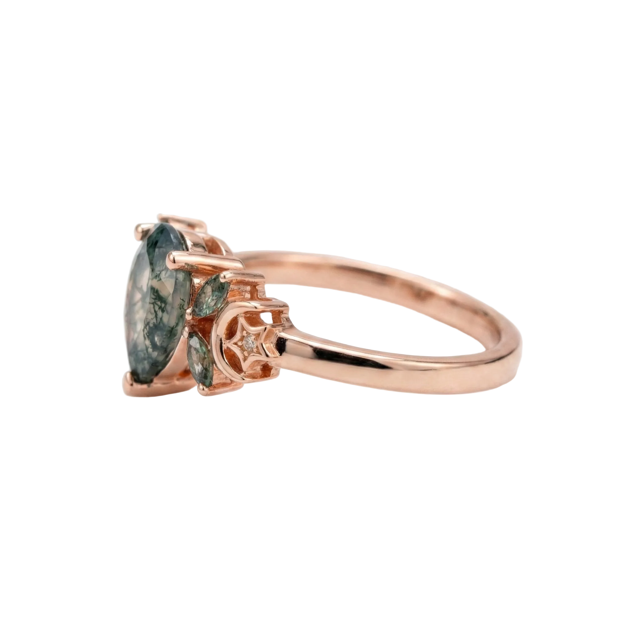 Lifestyle view of Pear Moss Agate Ring in Gold
