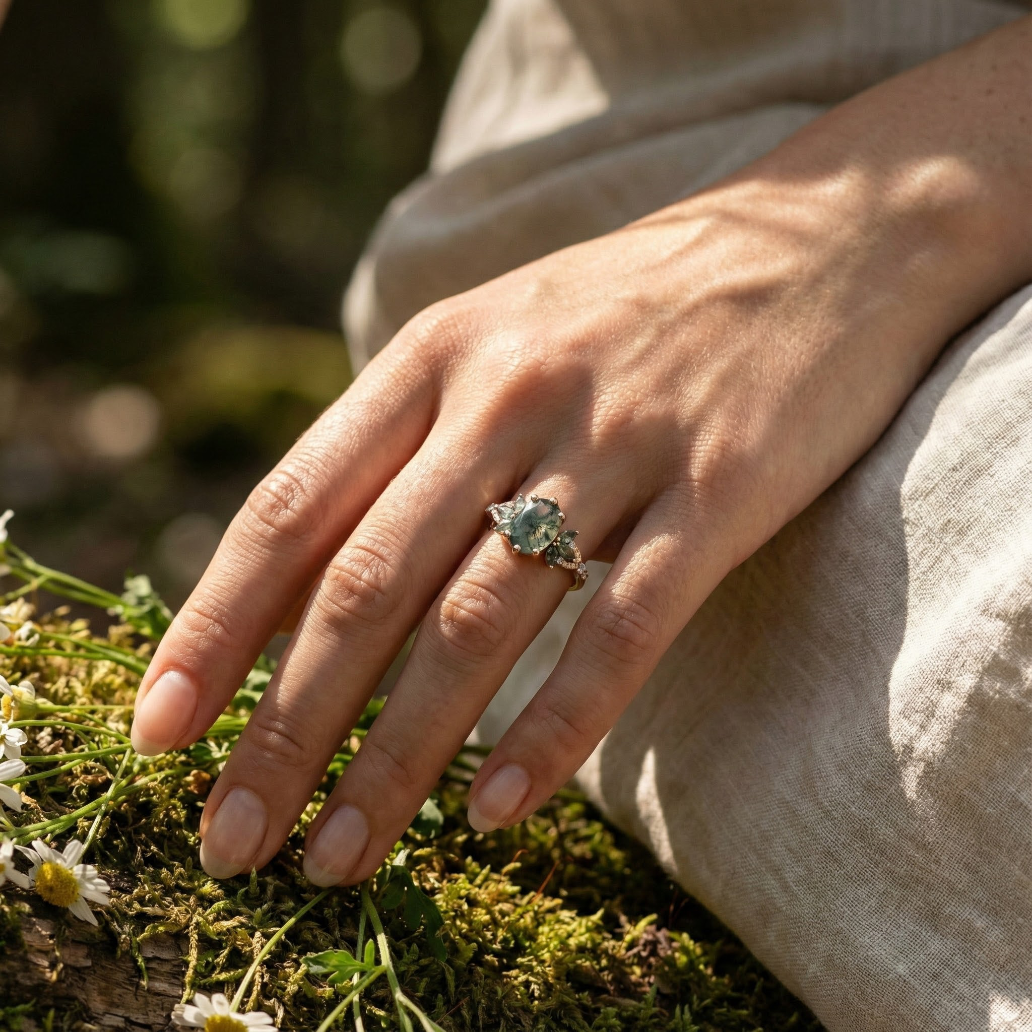 Oval Moss Agate Ring with Moissanite Nature-Inspired Design