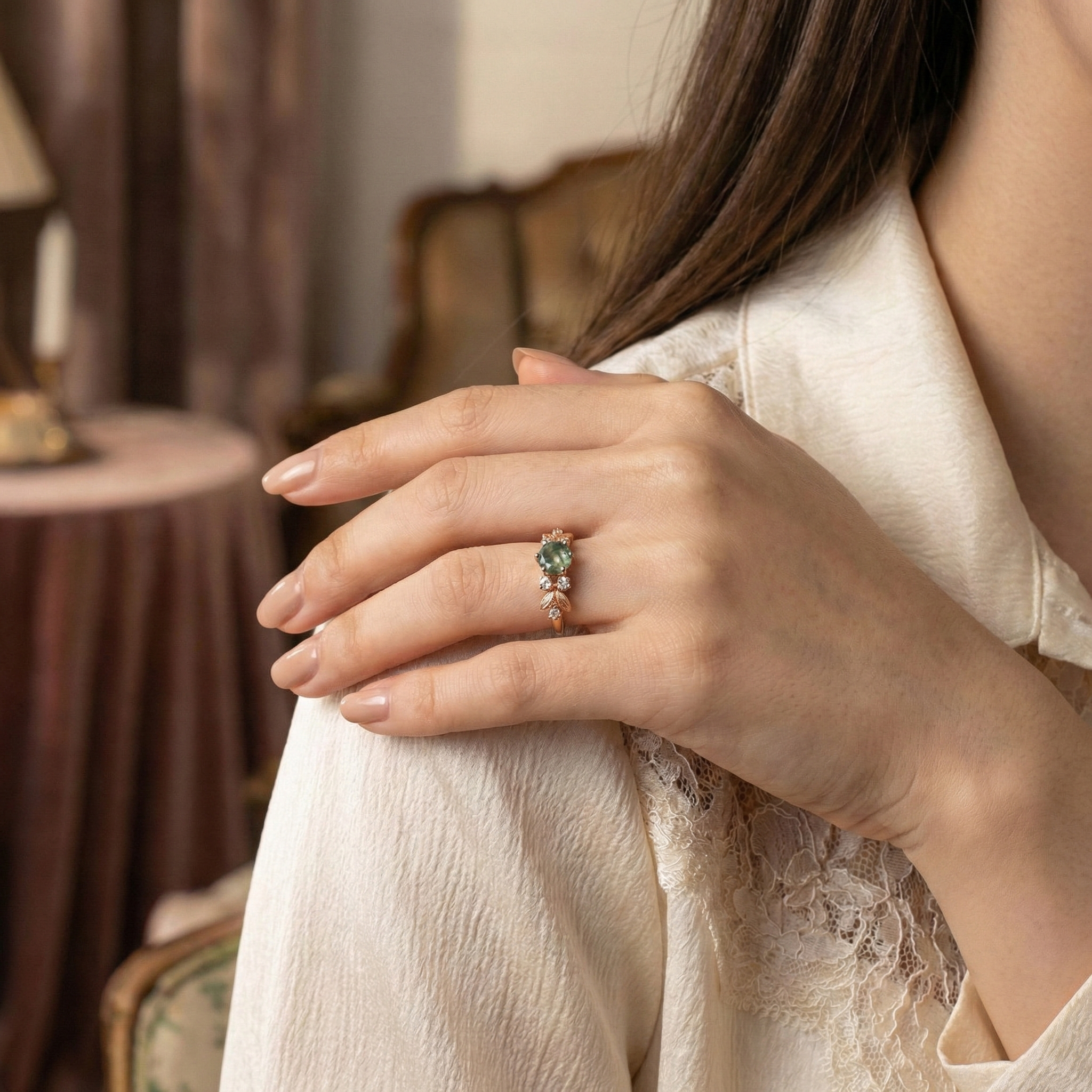 Angled view of Round Moss Agate Engagement Ring in Rose Gold