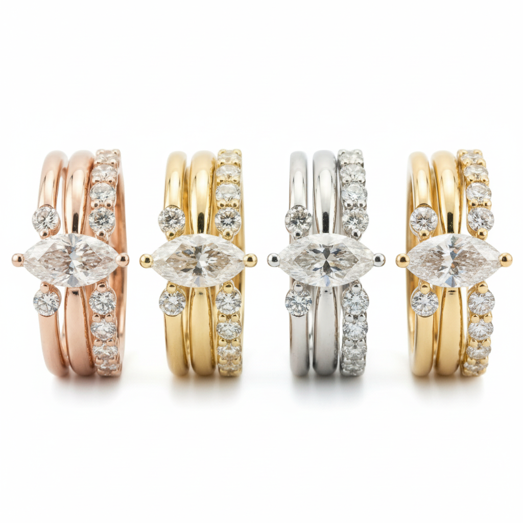 Lifestyle view of Marquise Moissanite Ring Set in Gold