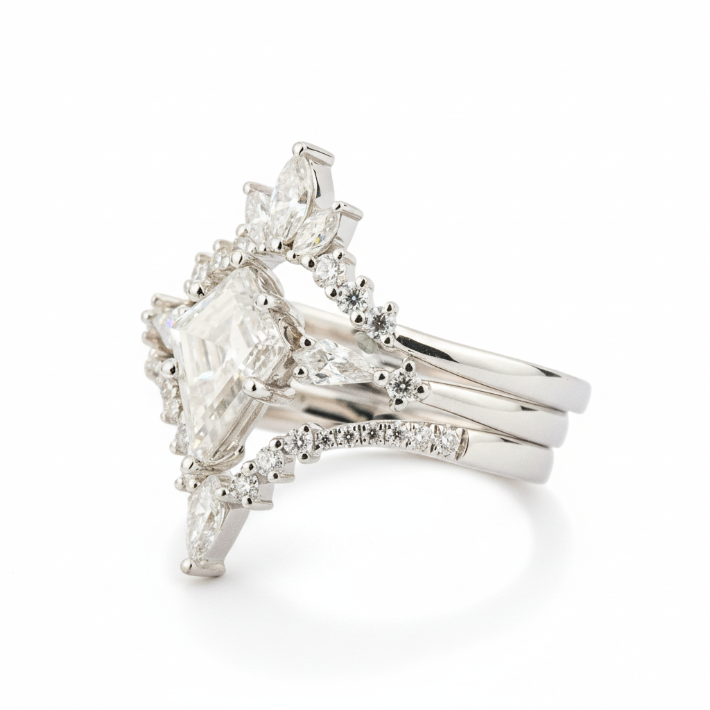 Product view of Kite Cut Moissanite Ring Set in White Gold
