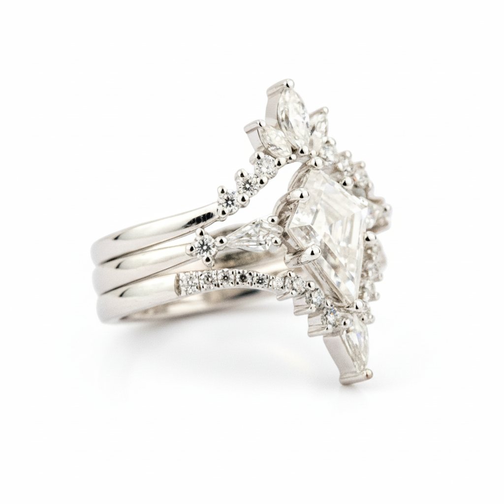 Product view of Kite Cut Moissanite Ring Set in White Gold