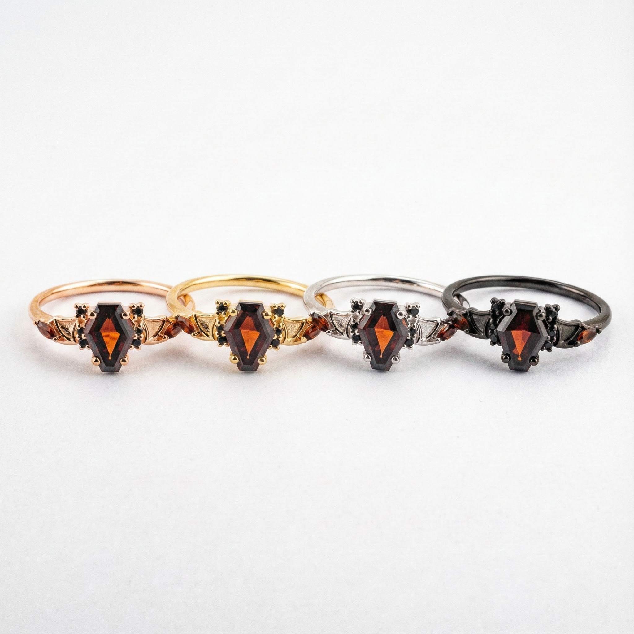 Coffin Garnet with Black Onyx Rose Gold Statement Ring Set Special Engagement Ring