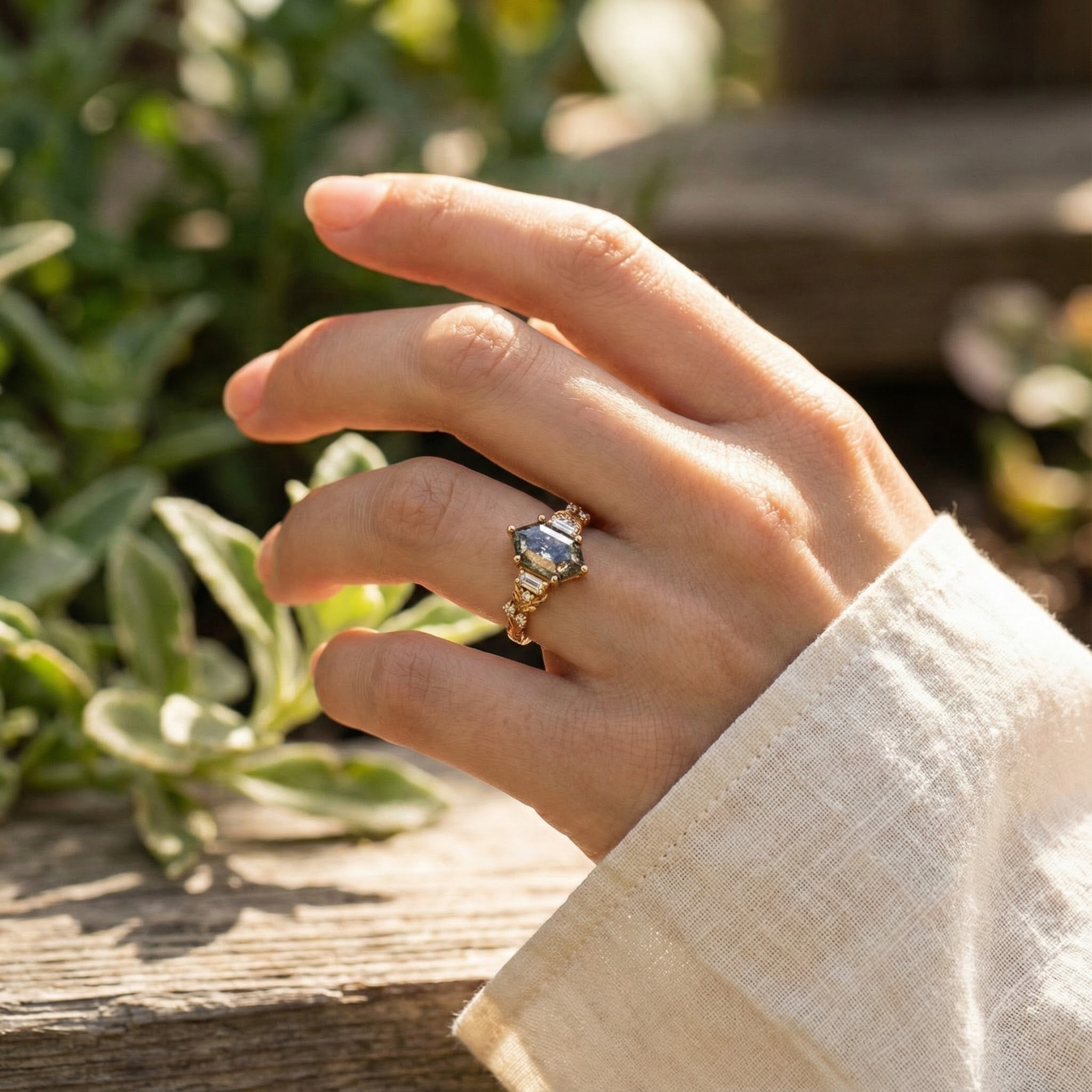 Luxurious Long Hexagon Salt & Pepper Diamond Engagement Ring - Enhance your unique style with this exquisite piece!