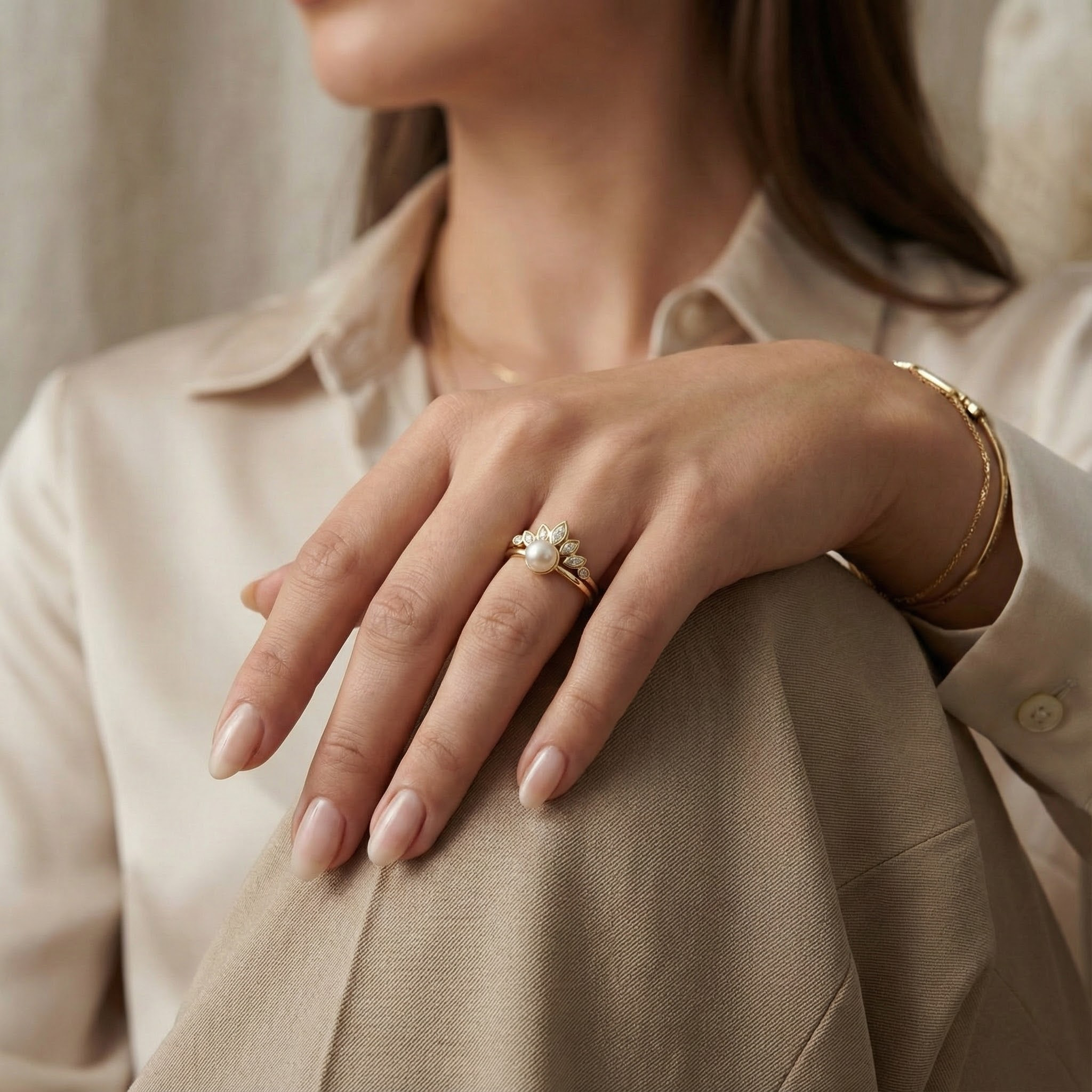 Round Pearl Engagement Ring Set Art Deco Ring Personalized Engagement Rings