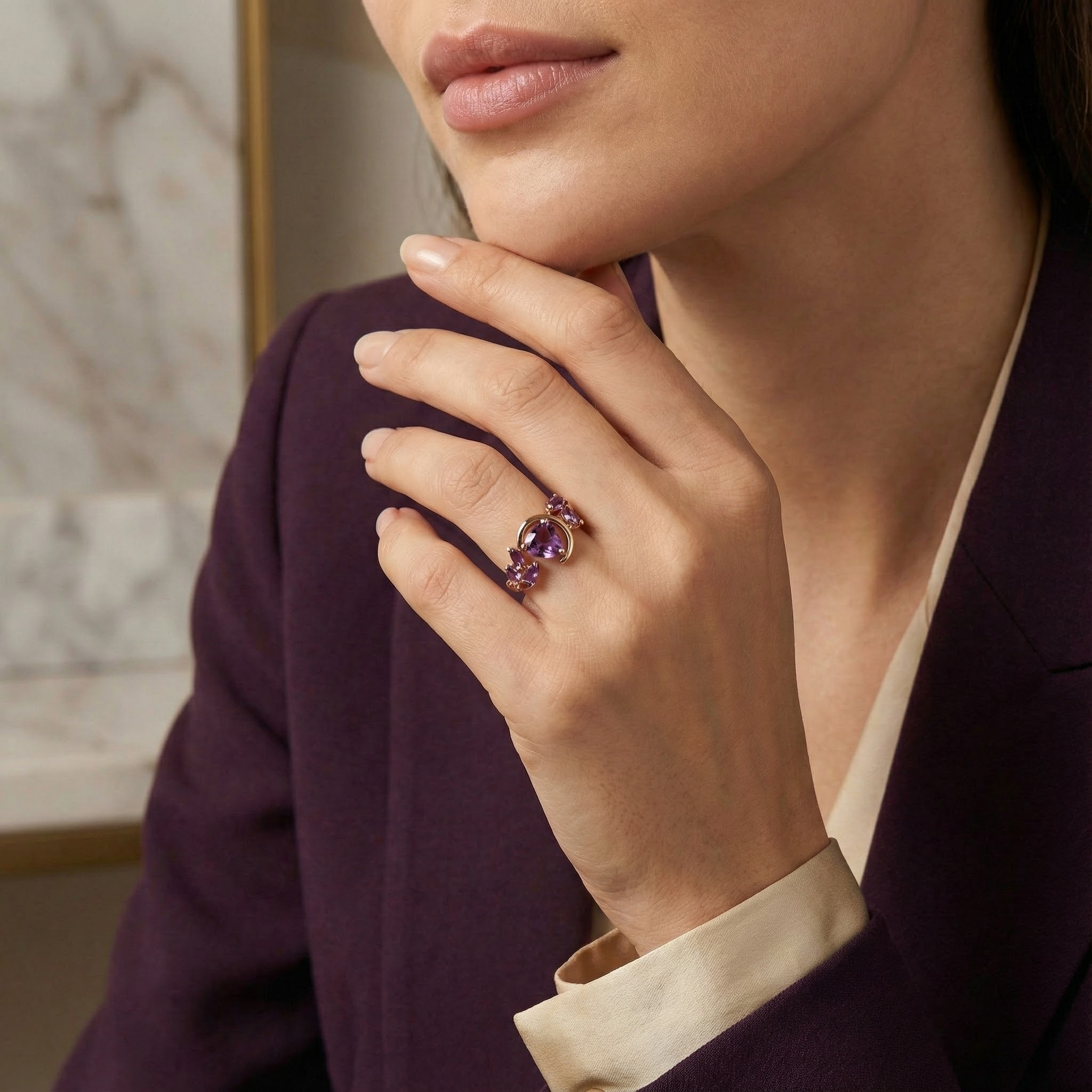 Heart Shaped Alexandrite and Amethyst Engagement Ring Floral Ring