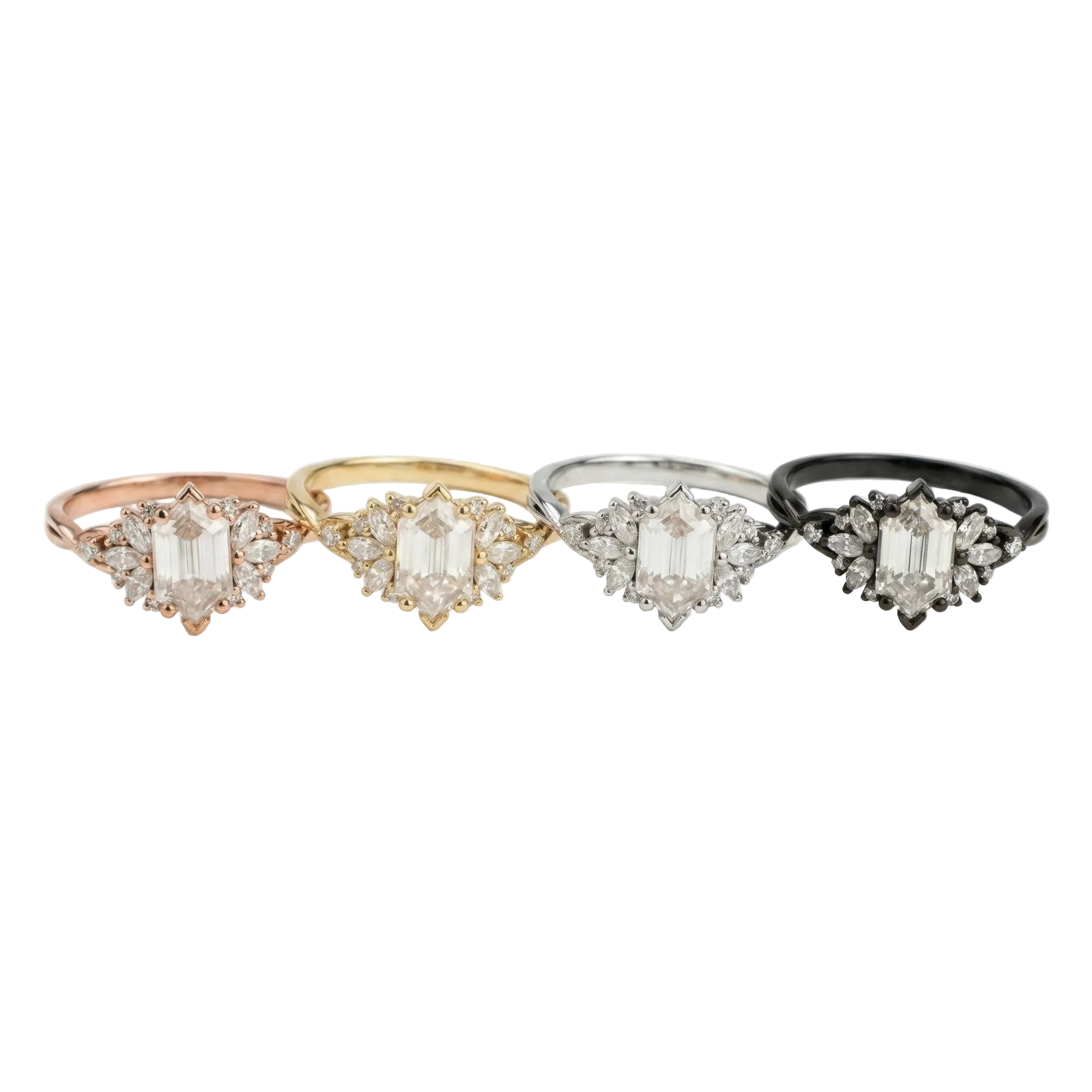 Lifestyle view of Long Hexagon Moissanite Engagement Ring in Rose Gold