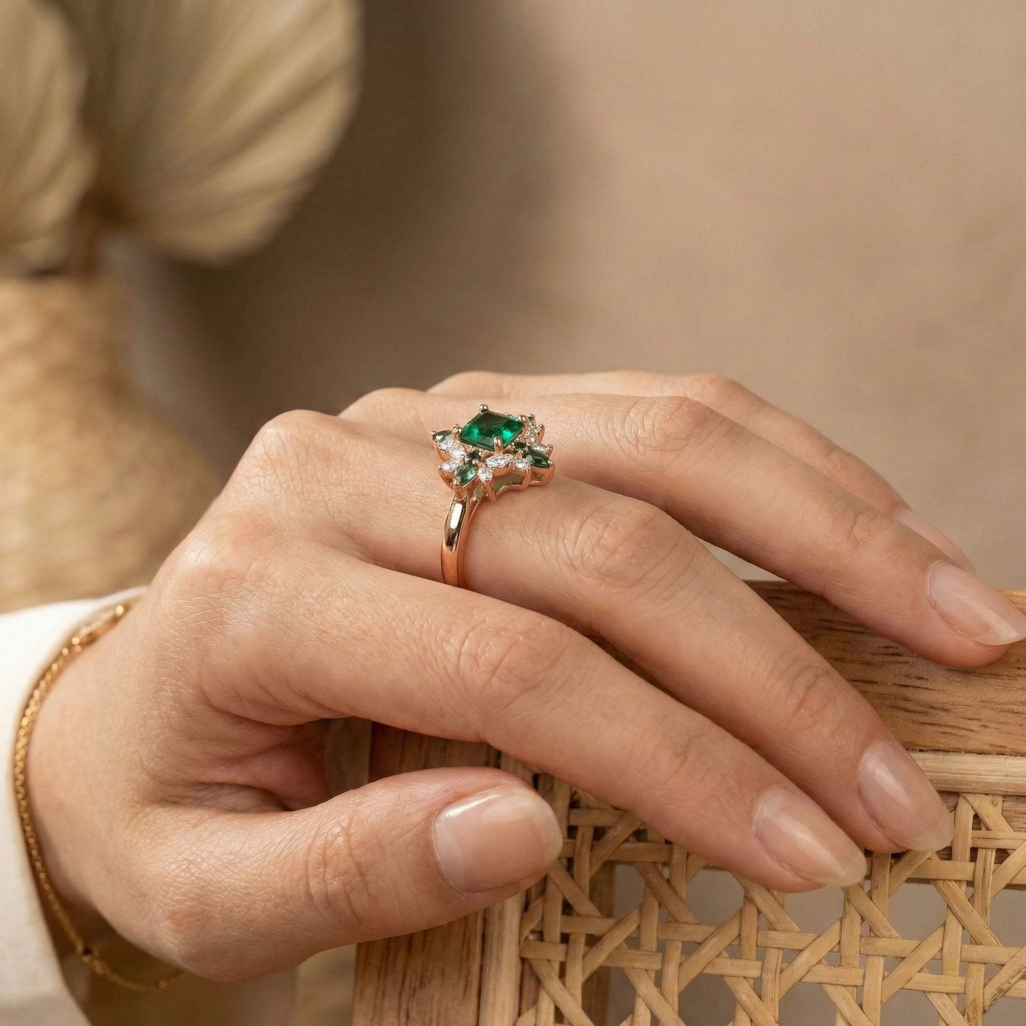 Princess Lab Emerald With Lab Sapphire&Moissanite Gold Ring.
