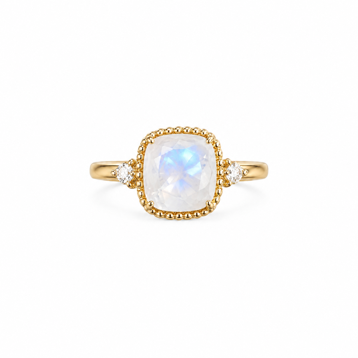 Cushion moonstone gold ring with moissanite accents on white background