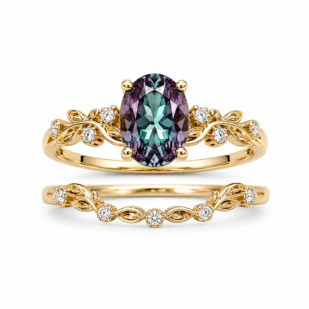Oval lab alexandrite floral bridal ring set in yellow gold with leaf wedding band