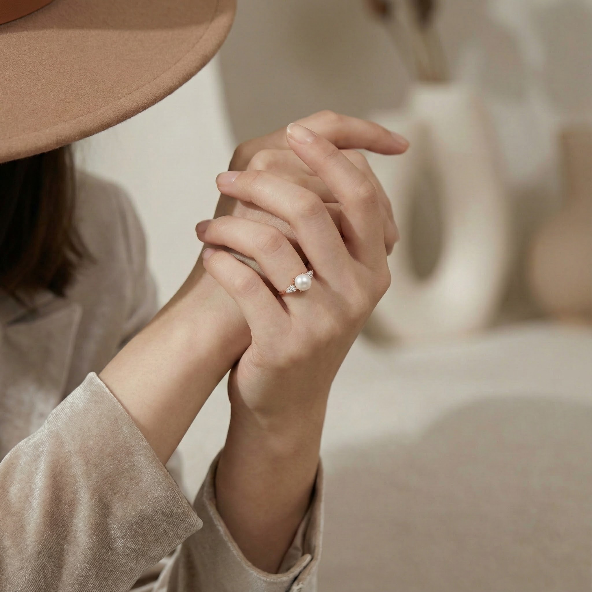 Unique Pearl Ring with Moissanite Rose Gold Engagement Ring Set Pearl Engagement Ring Set