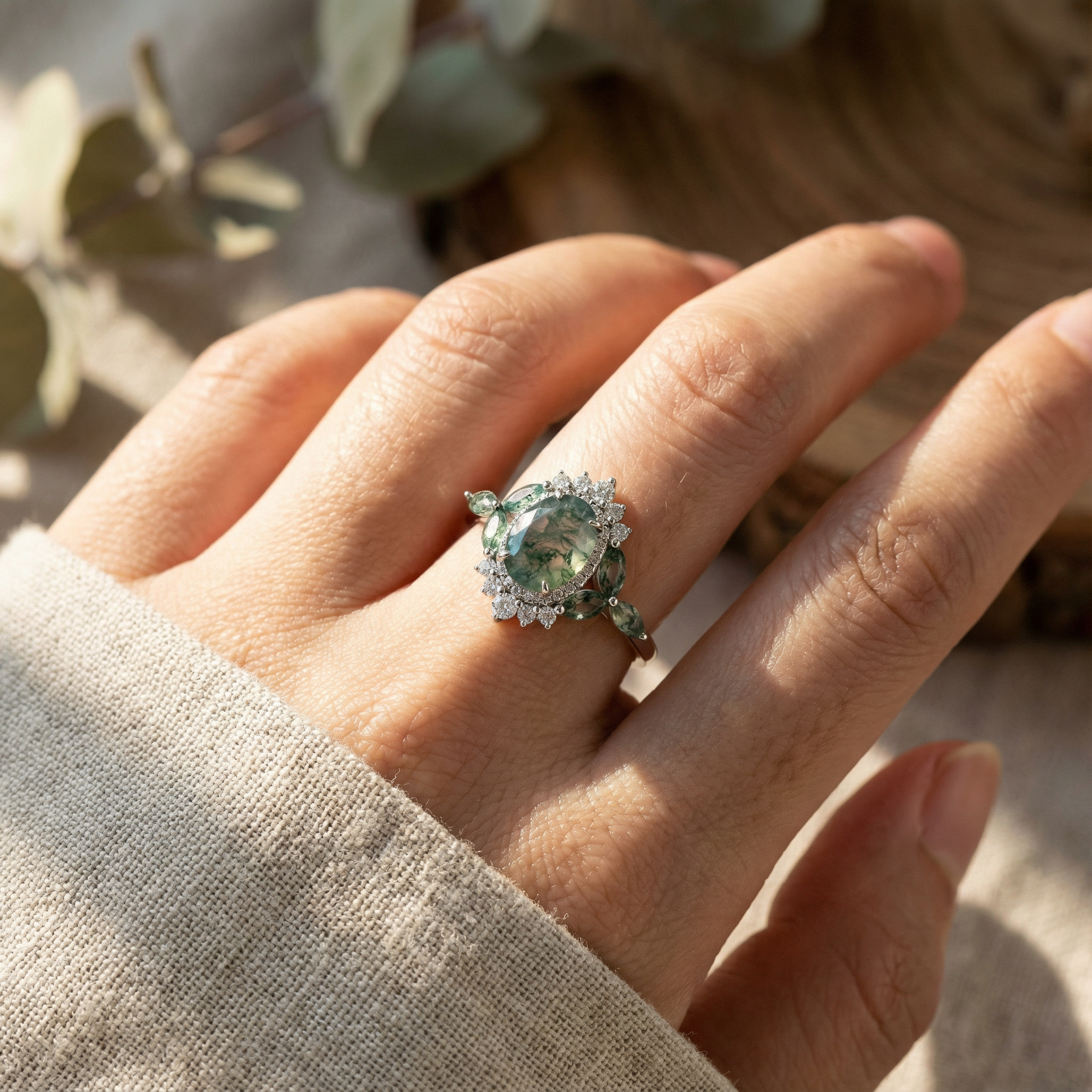 PETALIS - Oval Moss Agate & Moissanite White Gold Ring Floral White Gold Ring 