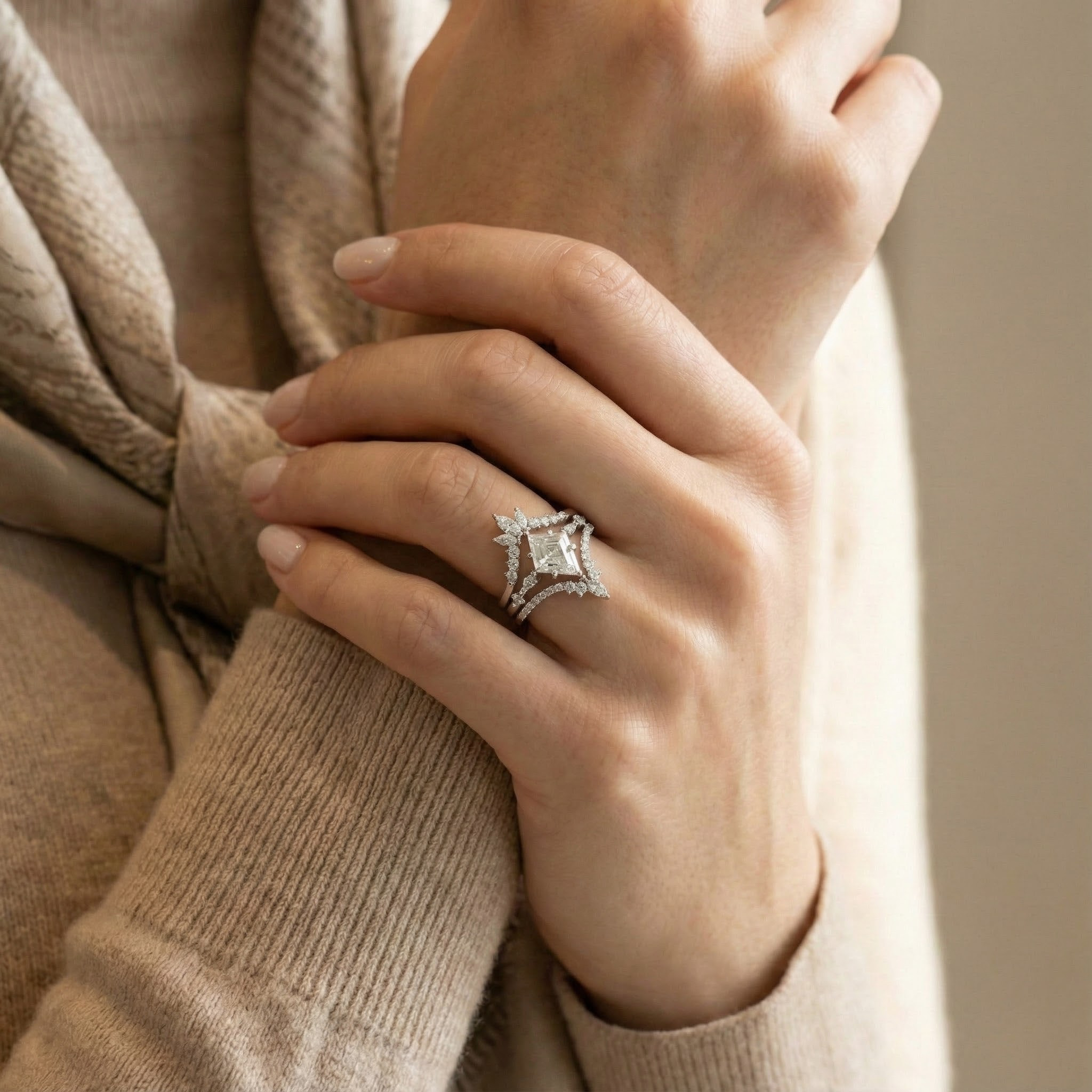 3pc Ring Set White Gold Engagement Ring Set Unique Diamond Ring Set Match Ring