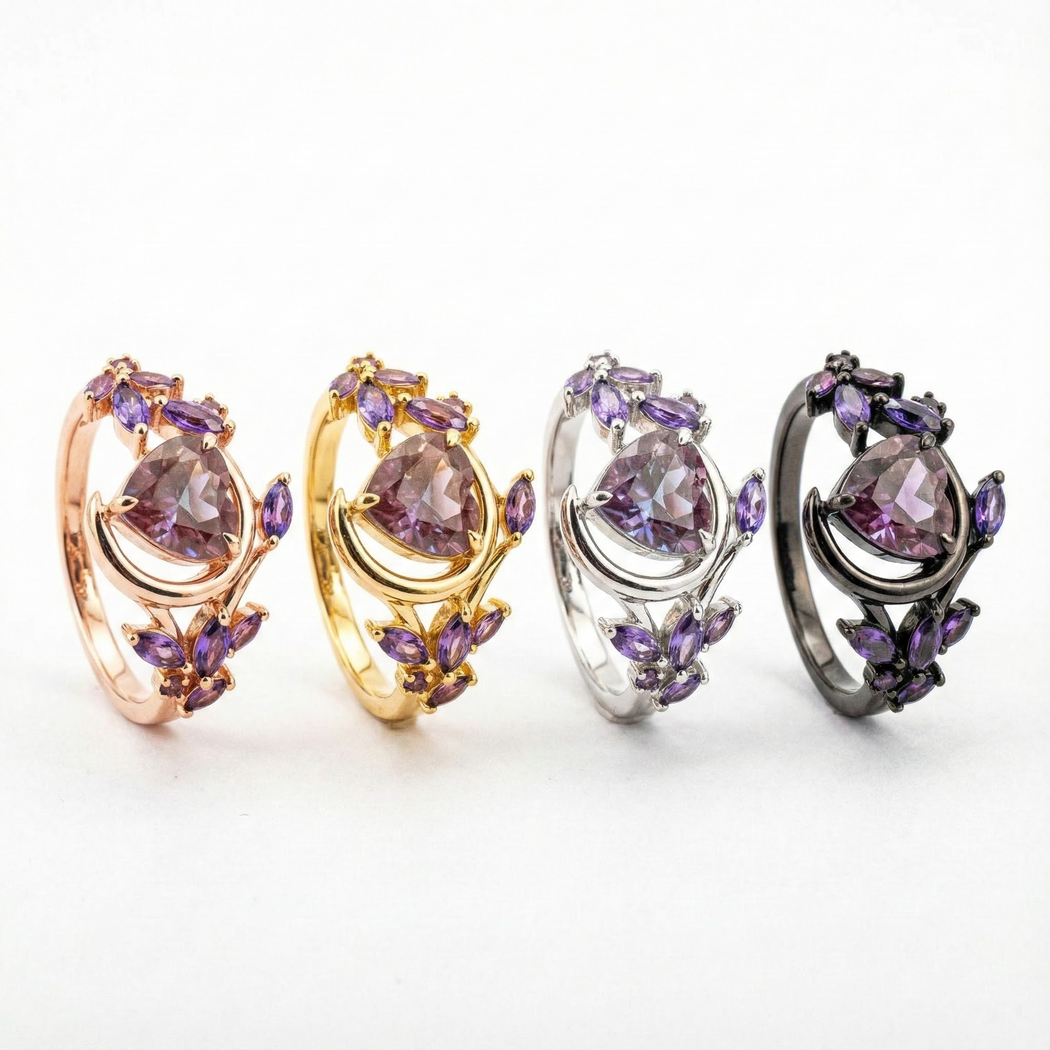 Heart Cut Alexandrite With Amethyst Engagement Ring Set Floral Engagement Ring Set