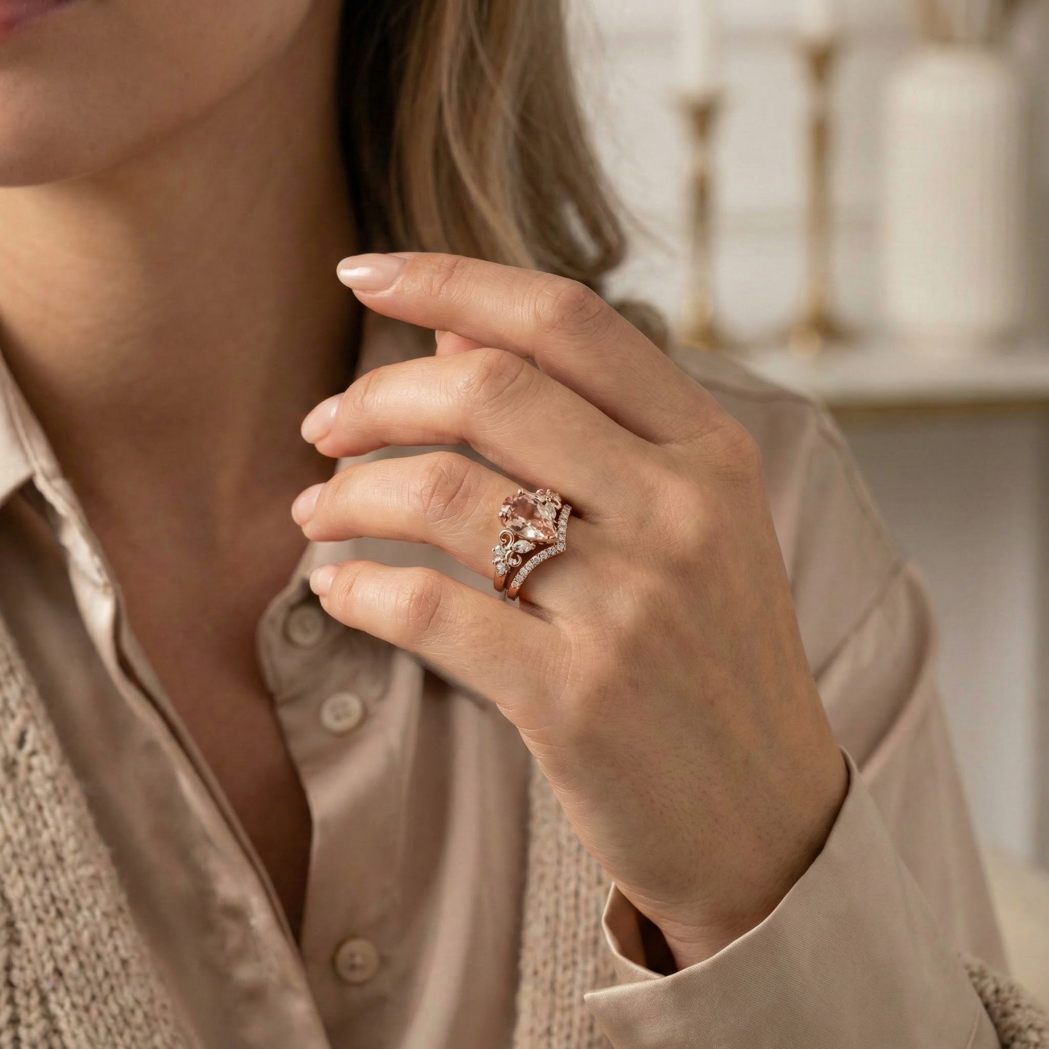 Rose Quartz and Moissanite Engagement Ring Set - Elegant, Sparkling, Alternative Gemstones