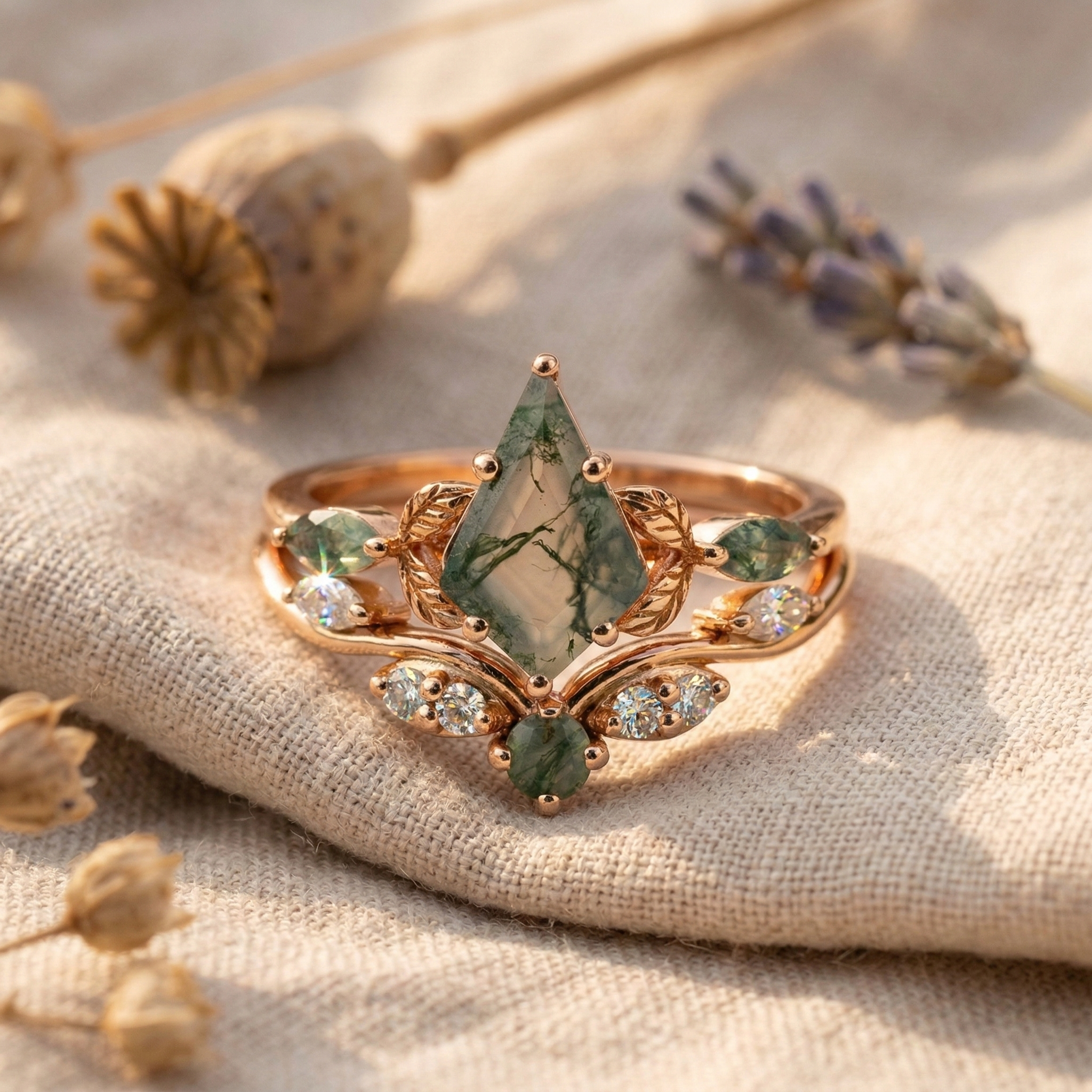 Detailed view of Kite Cut Moss Agate Ring Set in Gold