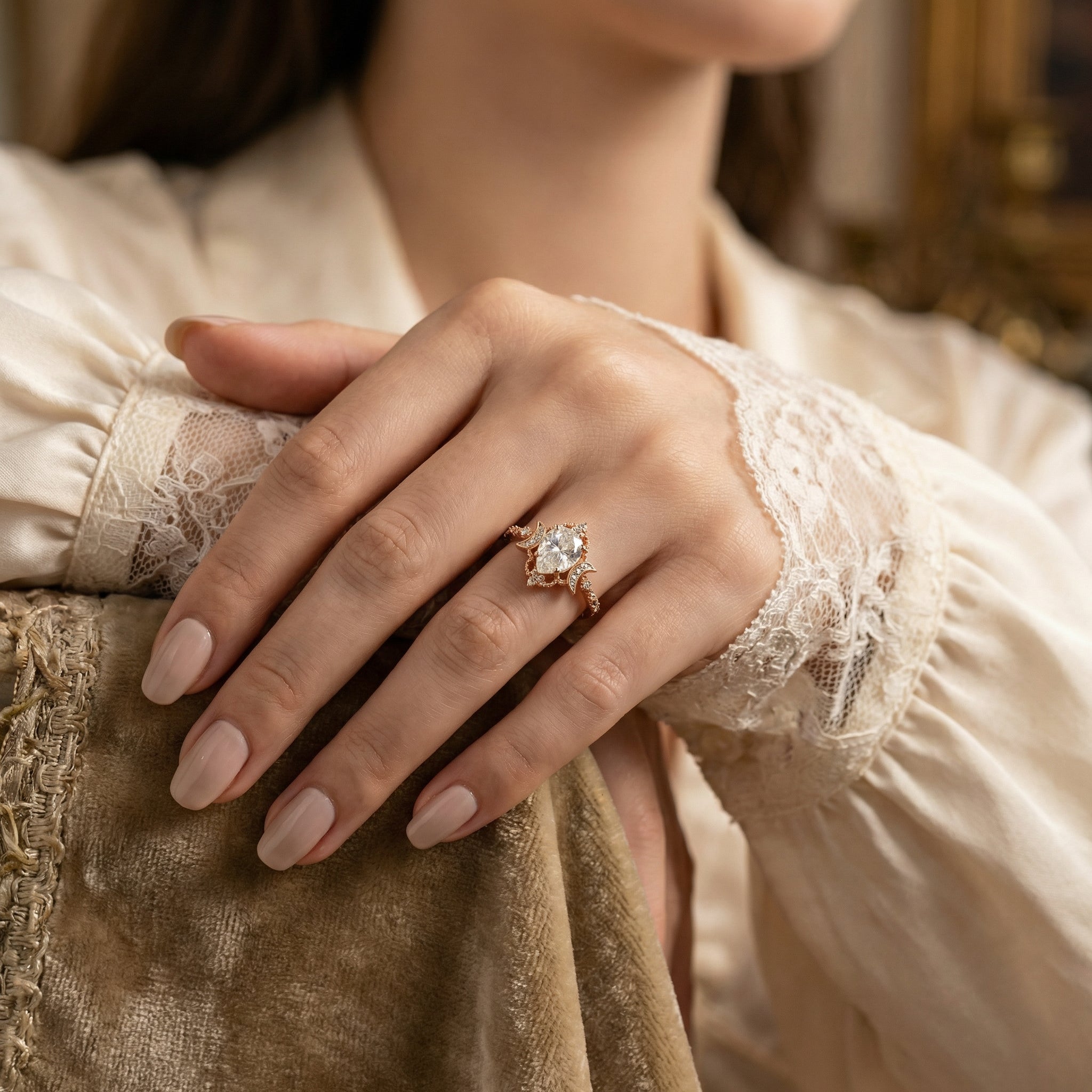 Pear Moissanite Crescent Moon Engagement Ring.