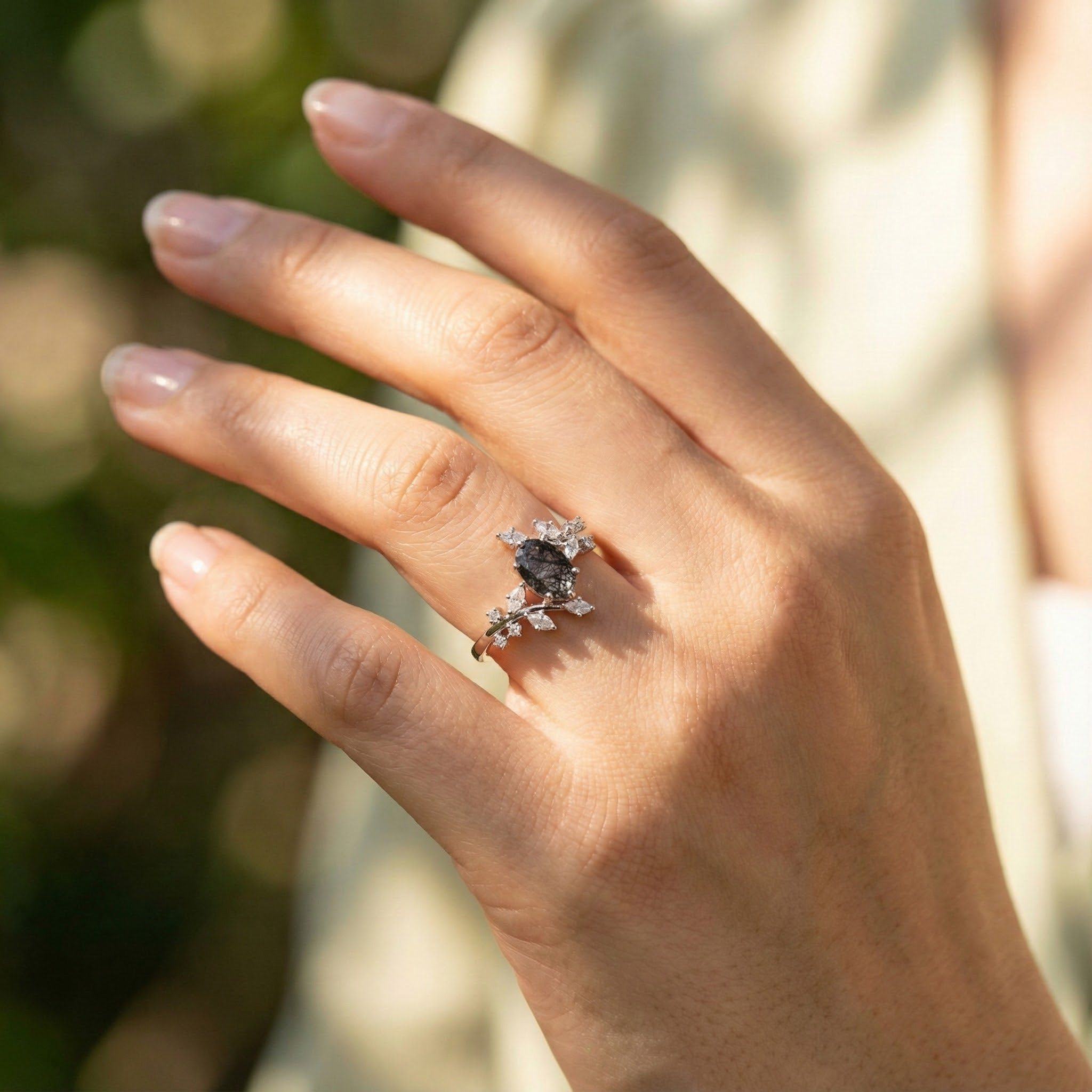 Oval tourmaline white gold leaf ring - elegant jewelry accessory