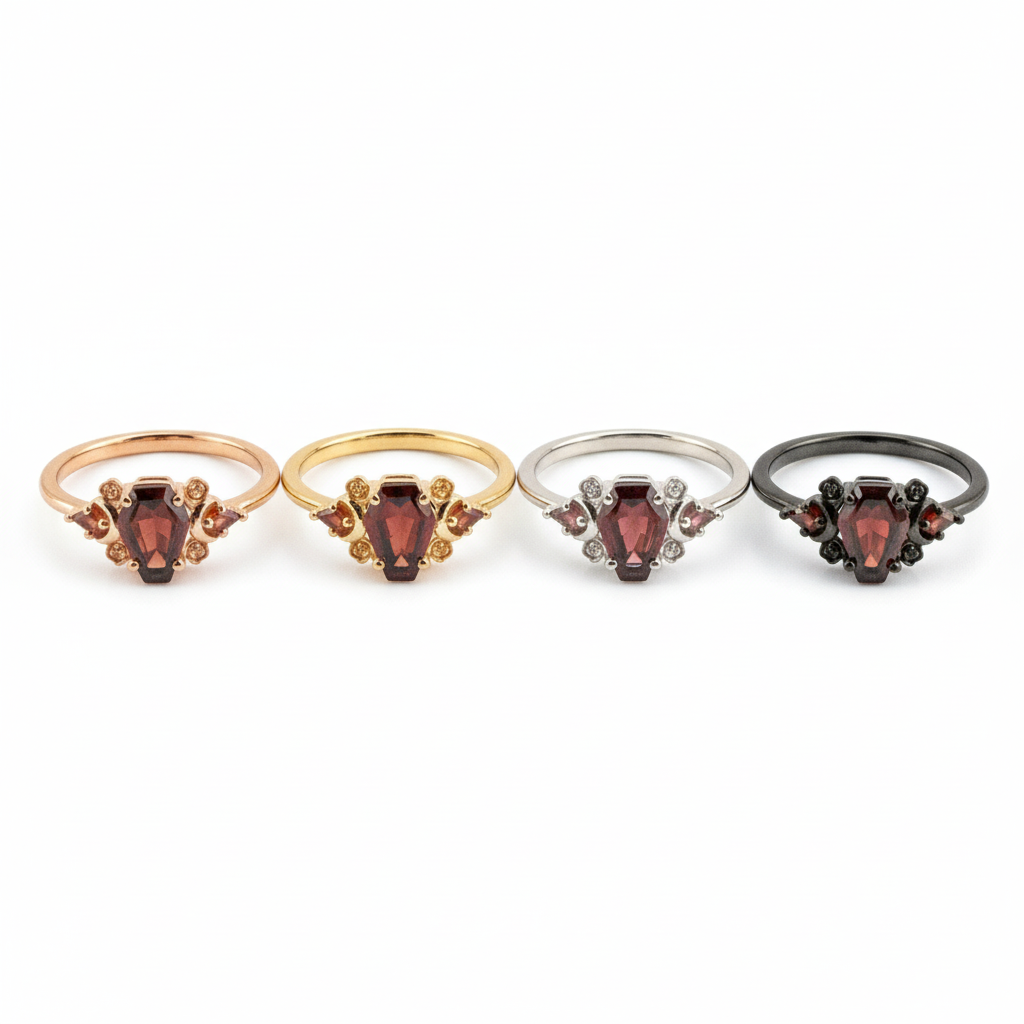 Coffin Shaped Garnet Rose Gold Fashion Ring Special Engagement Ring Three Stone Ring