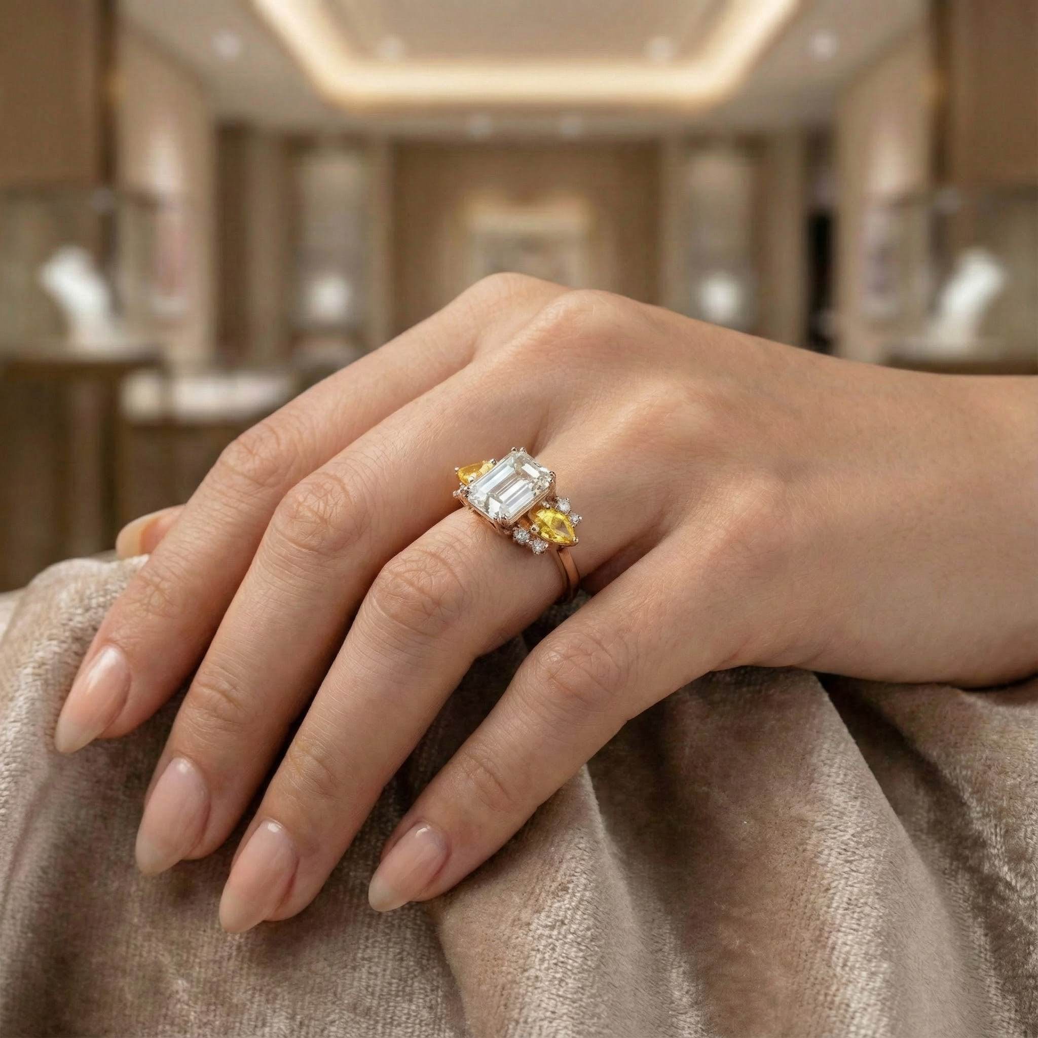 2 Carat Luxurious Rectangular Moissanite and Citrine Unique Rose Gold Engagement Ring