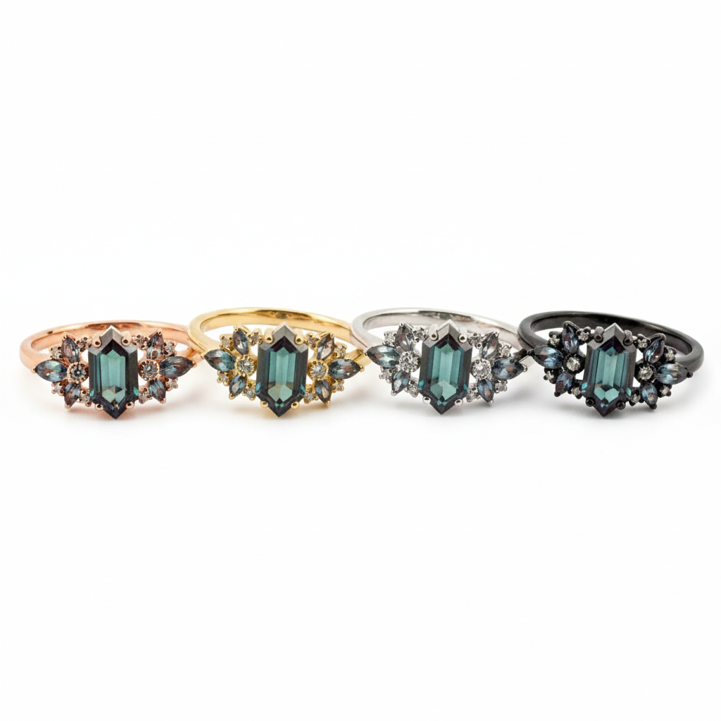 Lifestyle view of Long Hexagon Alexandrite Engagement Ring in Gold