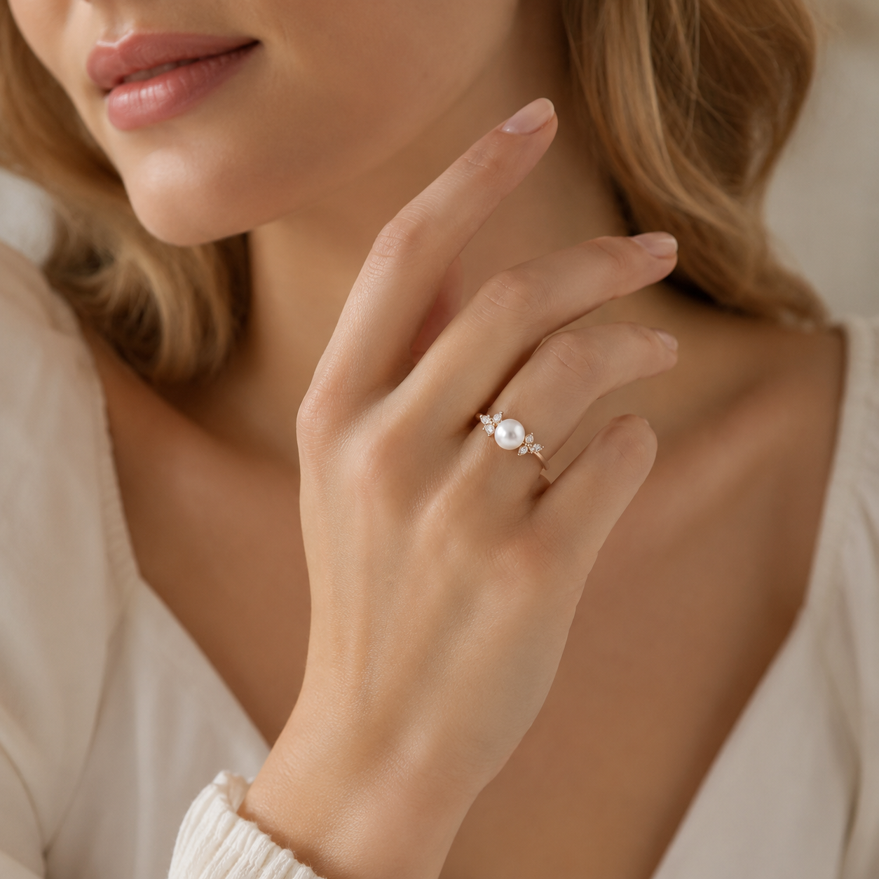 Hand model wearing Pearl Engagement Ring in Rose Gold