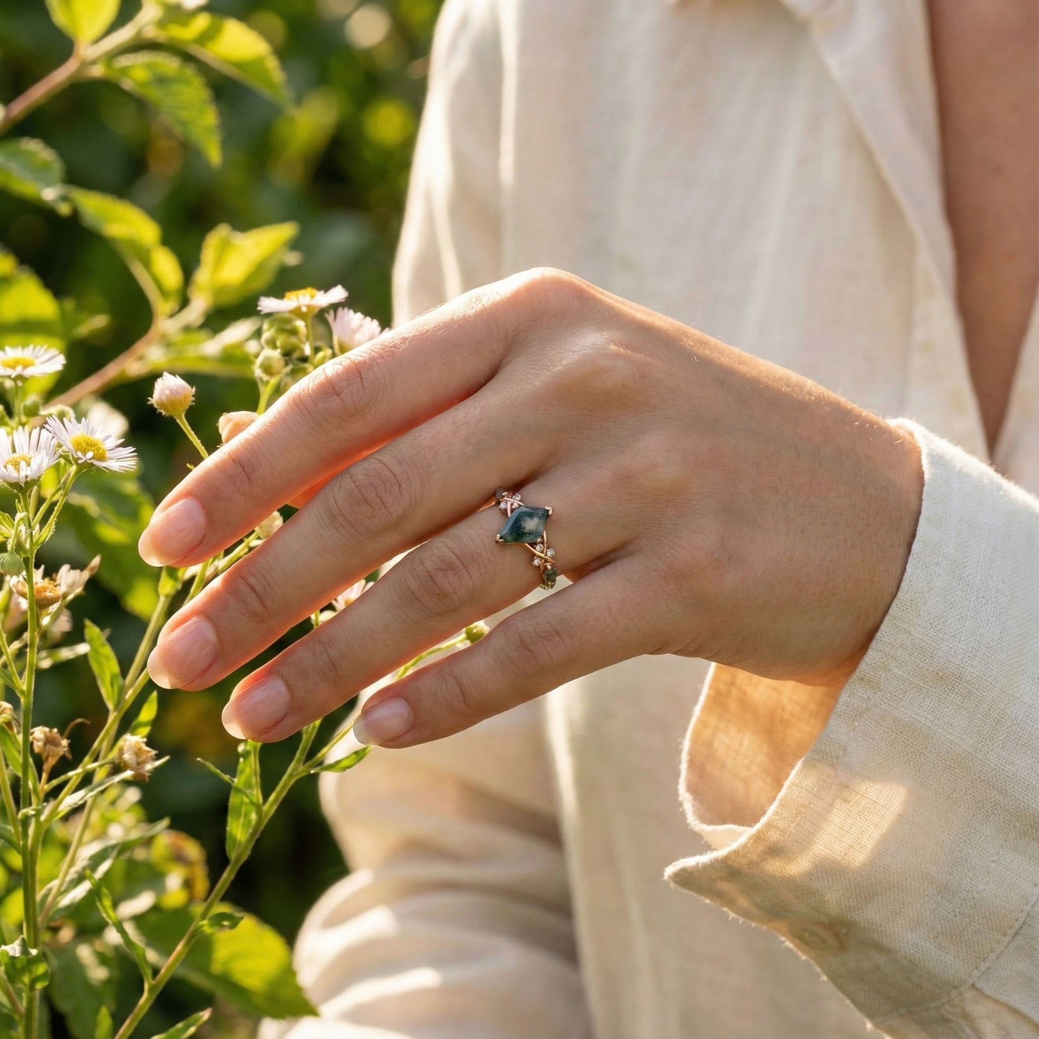 Unique Moss Agate and Moissanite Gemstone Leaf Ring for Women - Organic Nature Inspired Jewelry