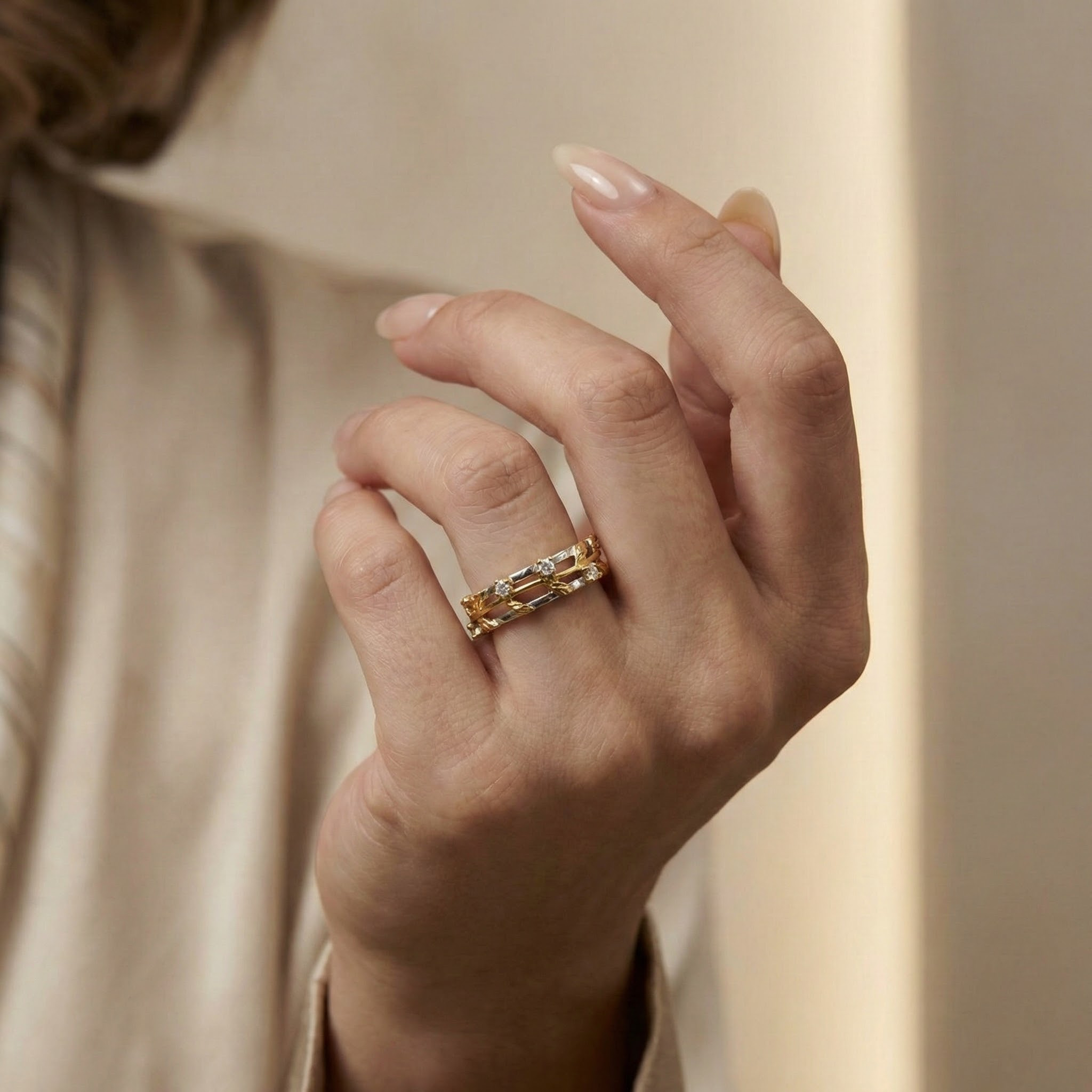 Colorful moissanite wedding ring with intricate details, perfect for adding a pop of color to your bridal ensemble.