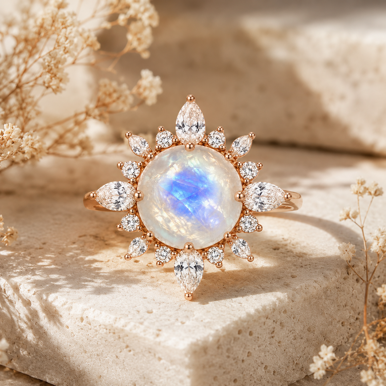 Romantic moonstone ring lifestyle photo on stone background