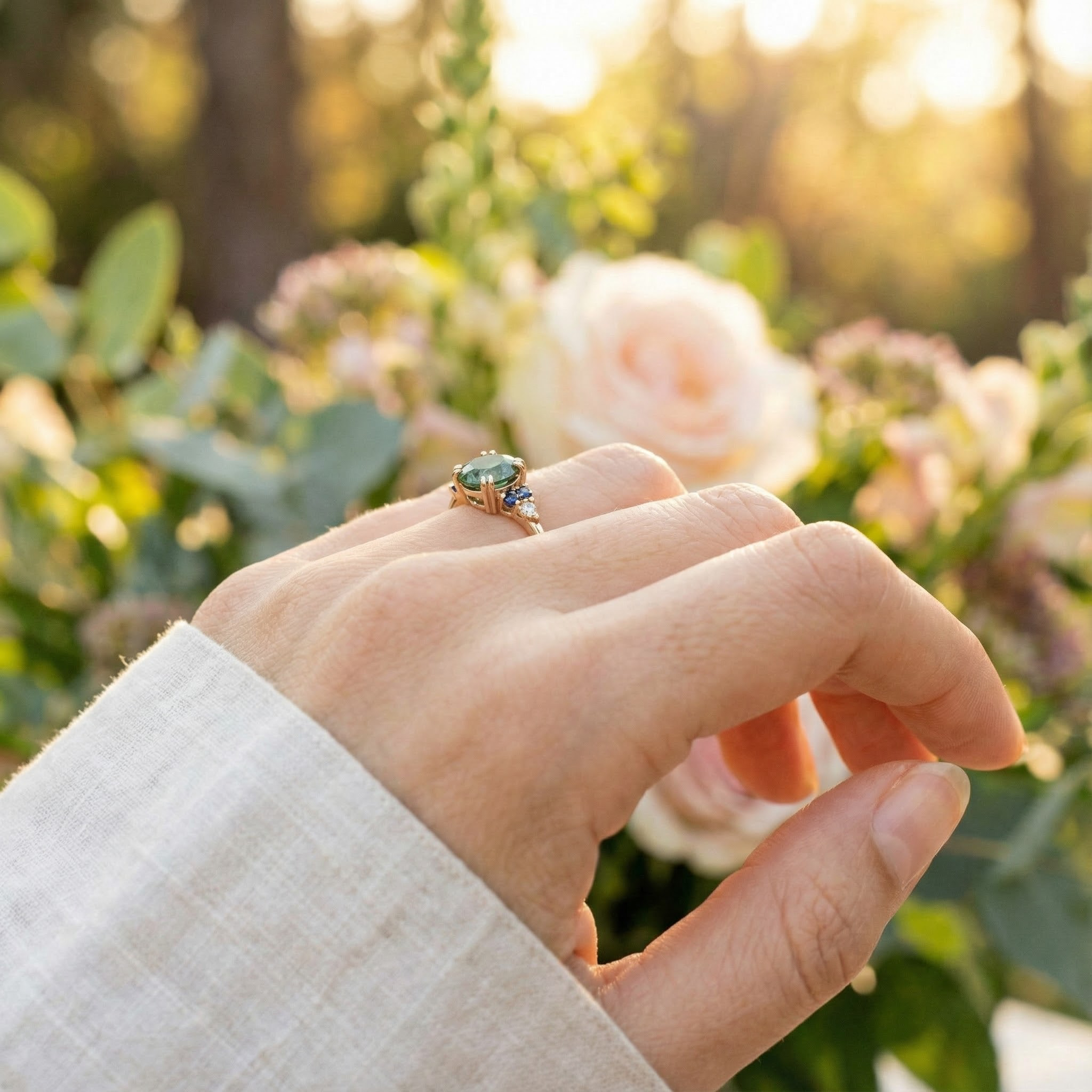 Detailed view of Round Moss Agate Ring in Gold