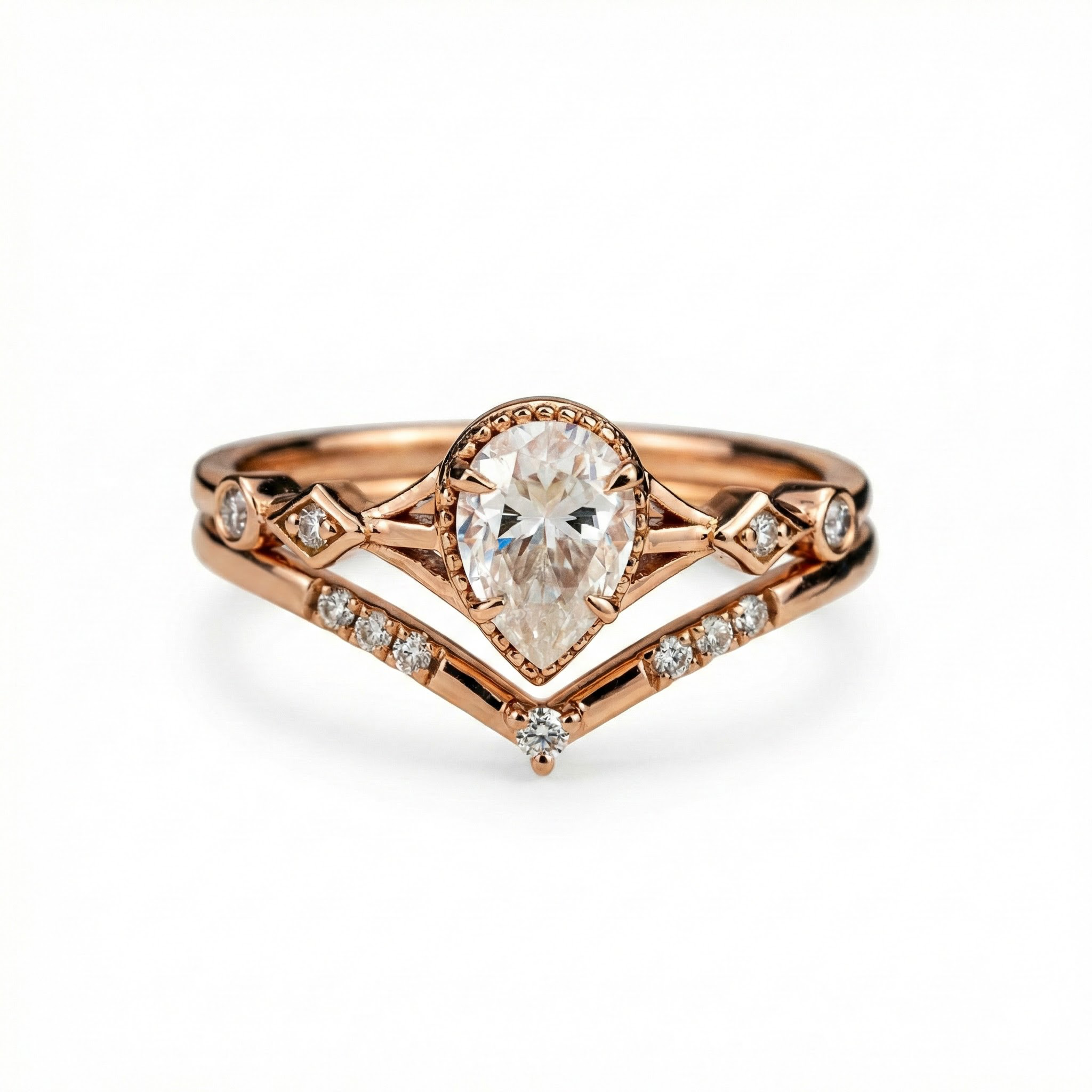 Stunning moissanite ring set with pear cut stones, showcasing timeless and classy design