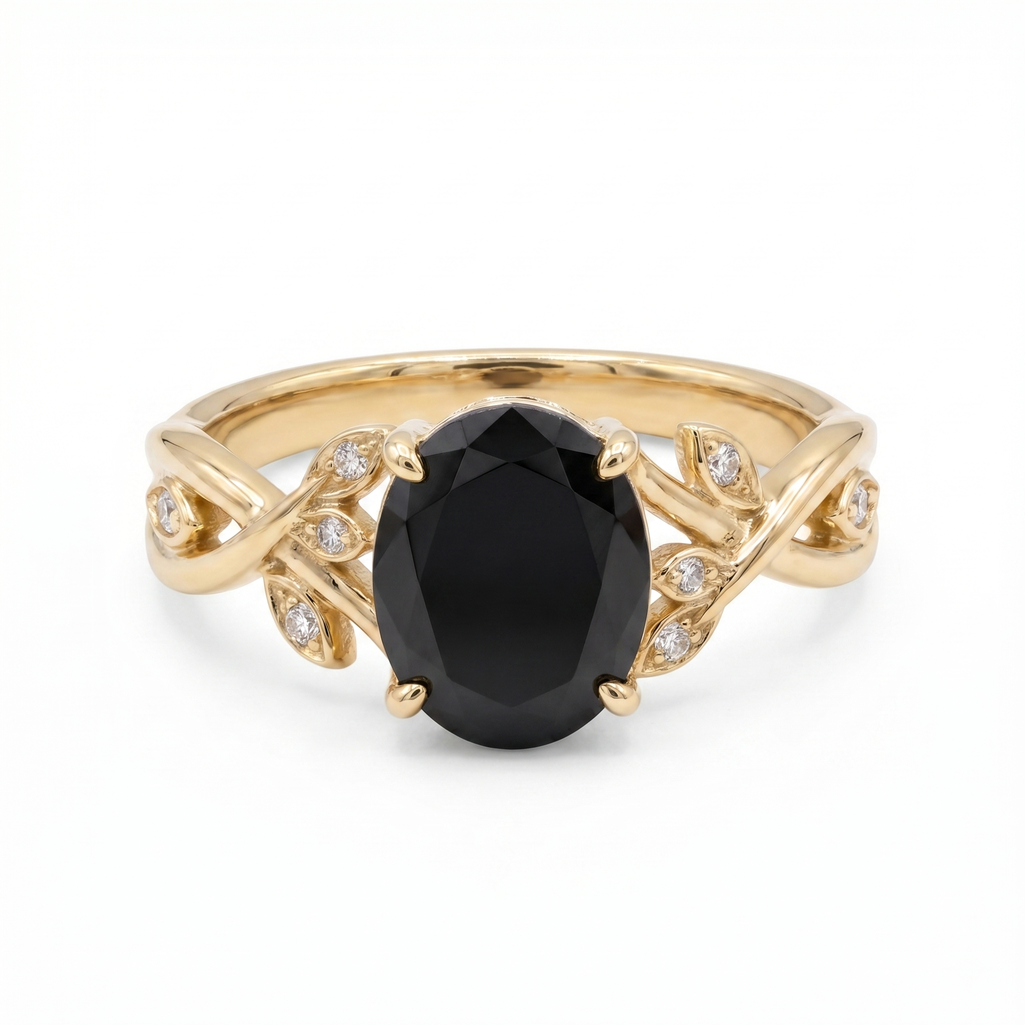 Black Onyx Leaf Vine Ring – Oval Gold Nature Inspired Ring