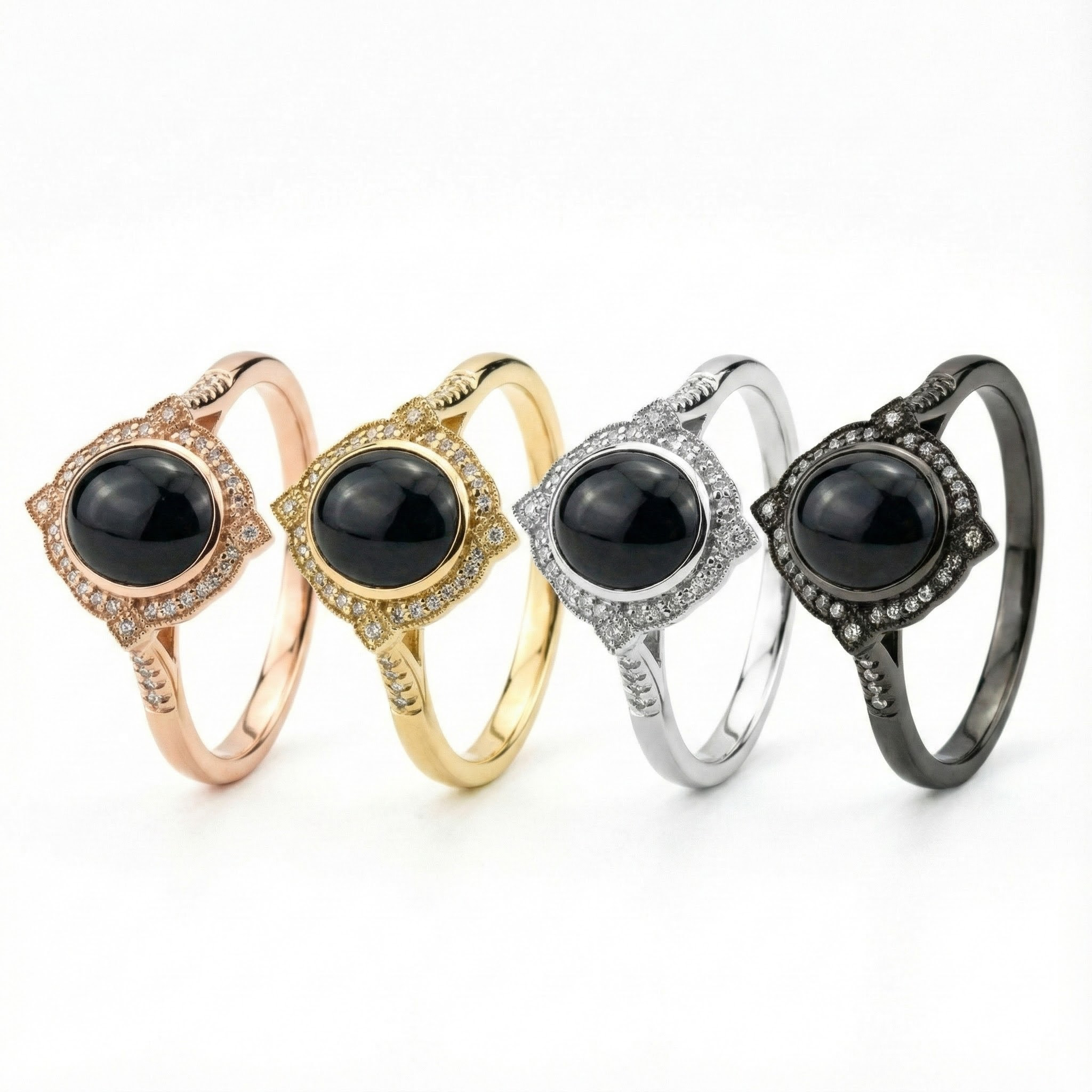 Vintage Oval Black Onyx Yellow Gold Ring with Moissanite