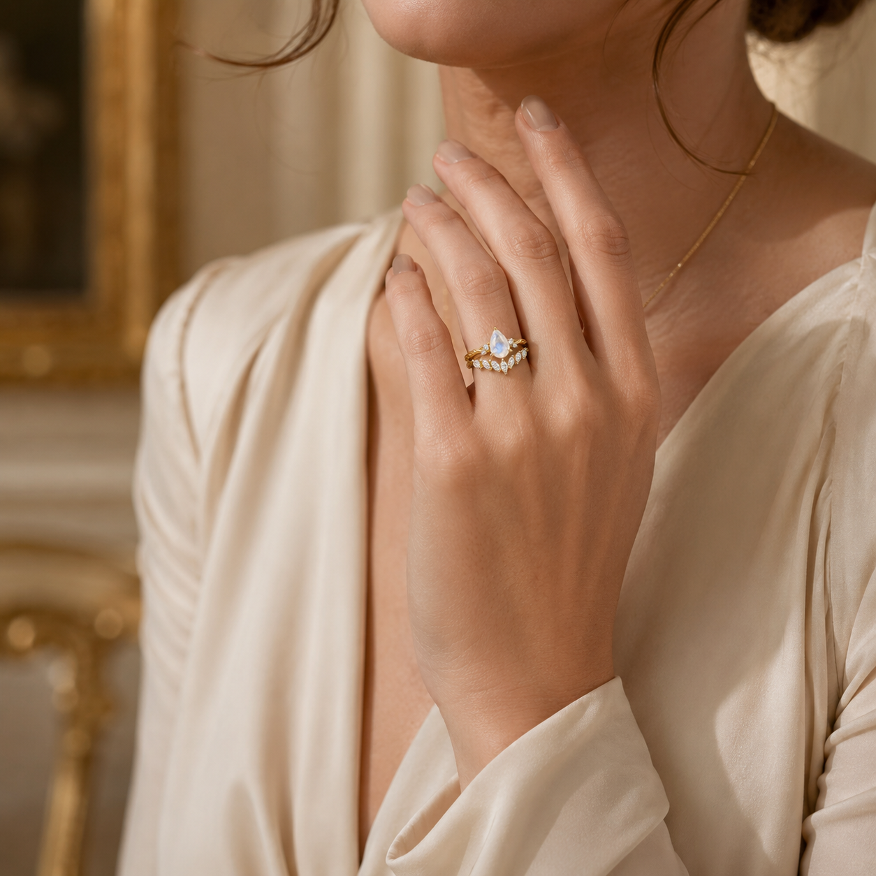 Nature inspired moonstone engagement ring with leaf design