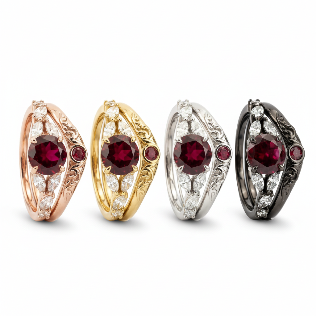 LUMINA - Round Garnet White Gold Ring Set White Gold Wedding Ring For Her Patterned Ring