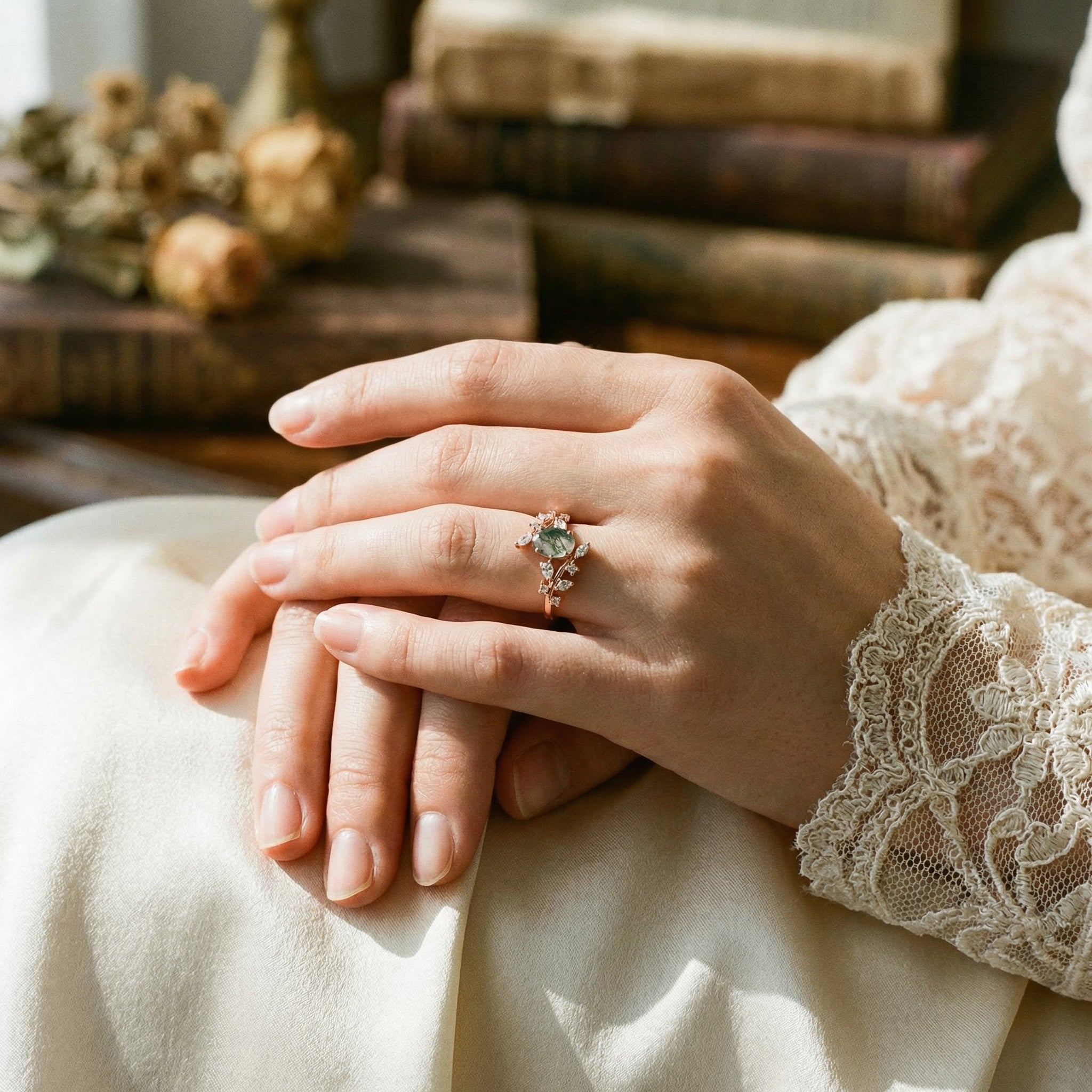 Oval Moss Agate Leaf Ring.